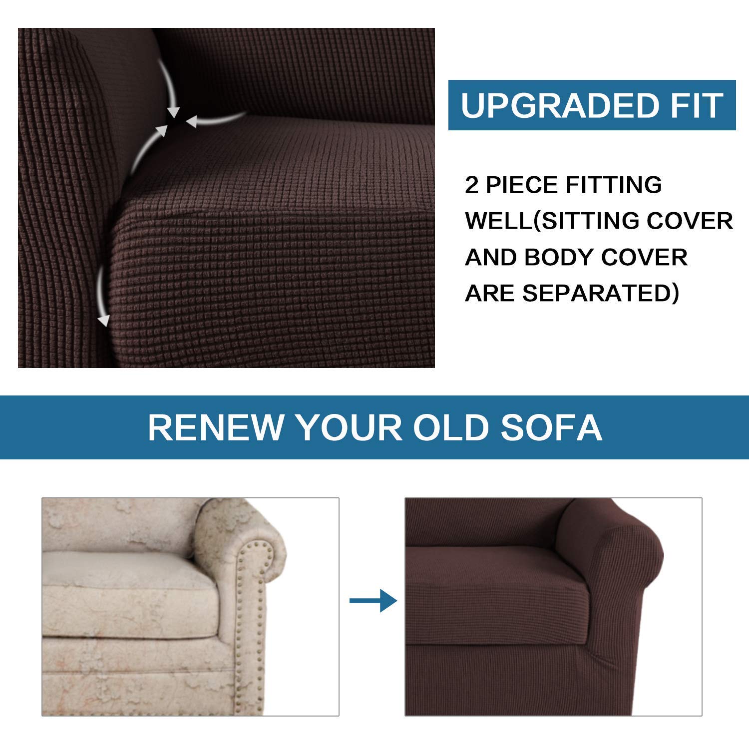 H.VERSAILTEX Stretch Sofa Covers for 3 Cushion Couch - 2 Piece Spandex Slipcover Set for Loveseat & Chairs (Brown) - Perfect for Living Room, Apartment & Pet-Friendly Furniture Protection