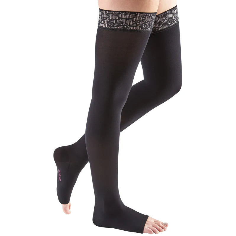 Medi Sheer & Soft 30-40mmHg Open Toe Thigh High Compression Stockings with Lace Silicone Top Band - Perfect for Varicose Veins Relief, Post-Surgery Recovery & All-Day Comfort