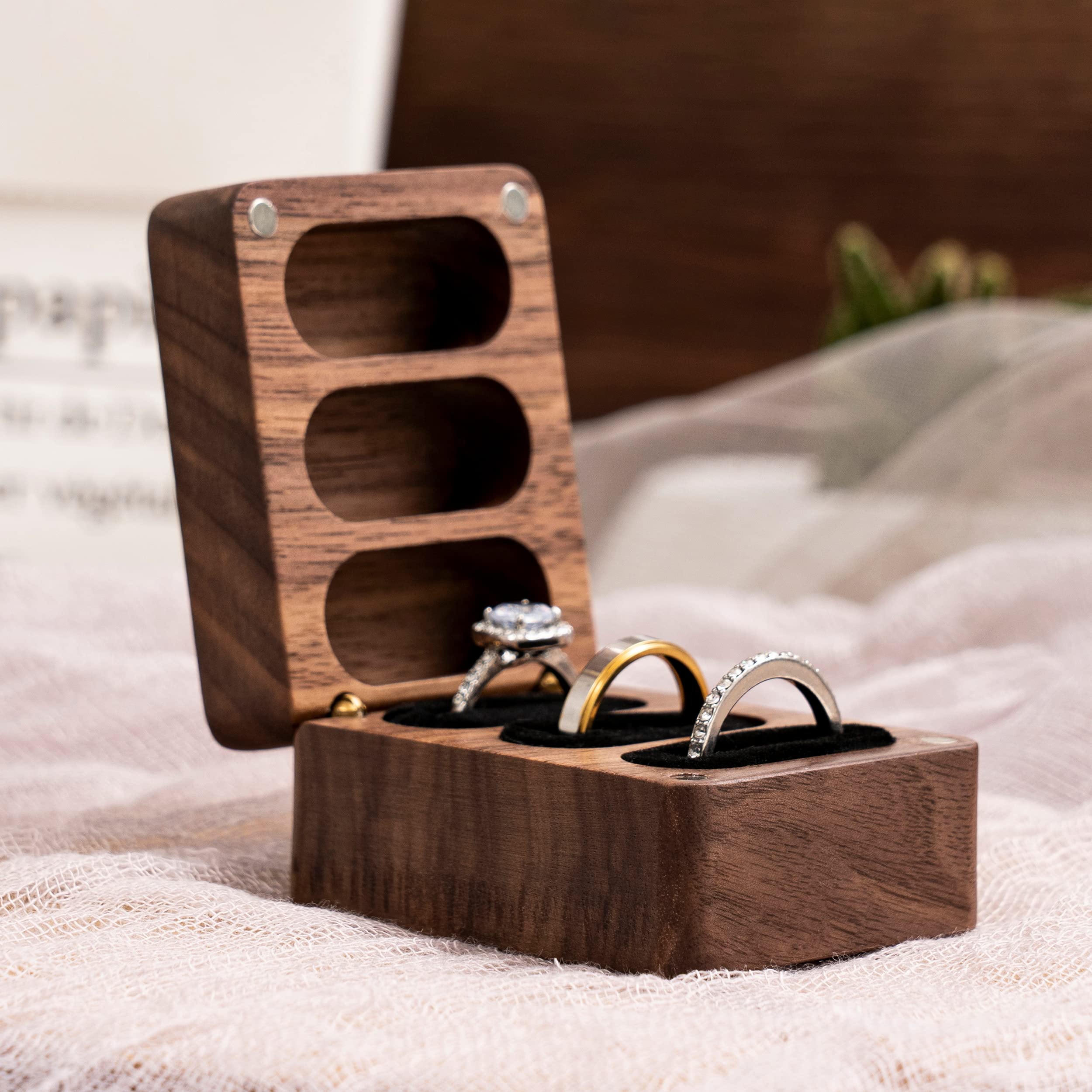 Personalized Square Wooden Ring Box for 3 Rings - Wedding Proposal, Engagement Ceremony & Ring Bearer Gift - Perfect for Romantic Moments, Anniversary Surprises & Jewelry Storage