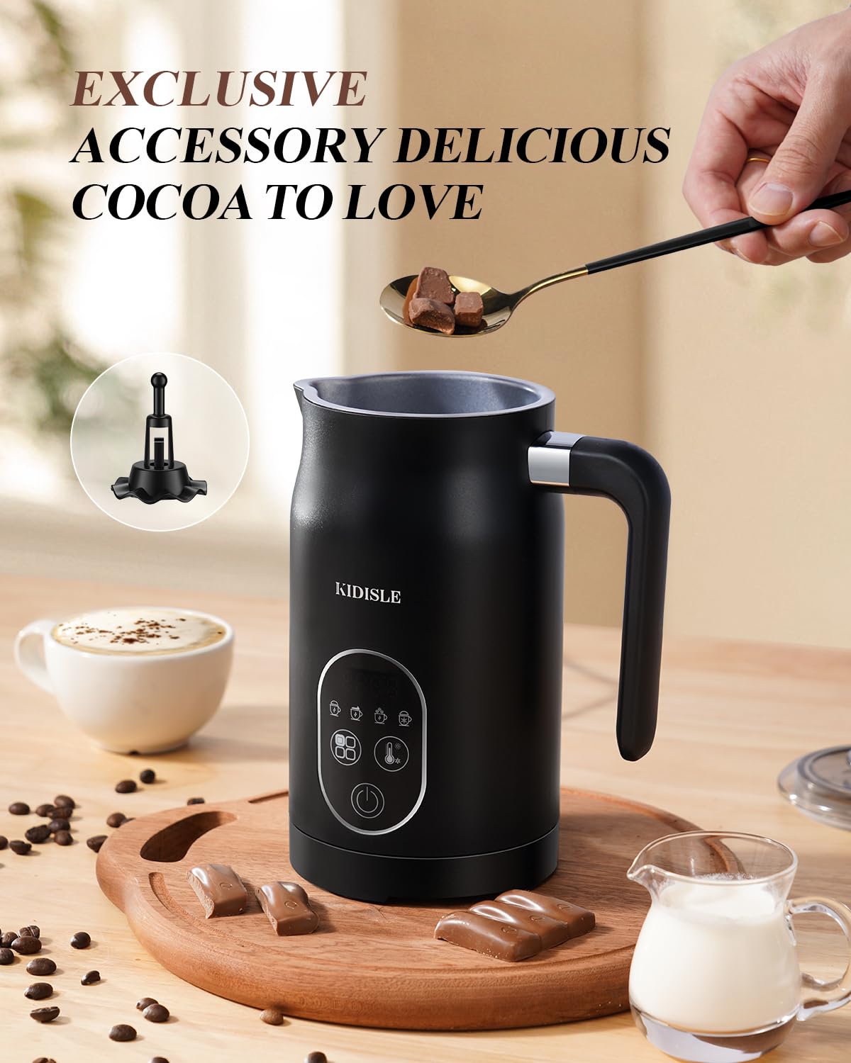 4-in-1 Electric Milk Frother with Temperature Control - Automatic Warm & Cold Foam Maker for Coffee, Latte, Cappuccino - Perfect for Home Baristas & Coffee Shops