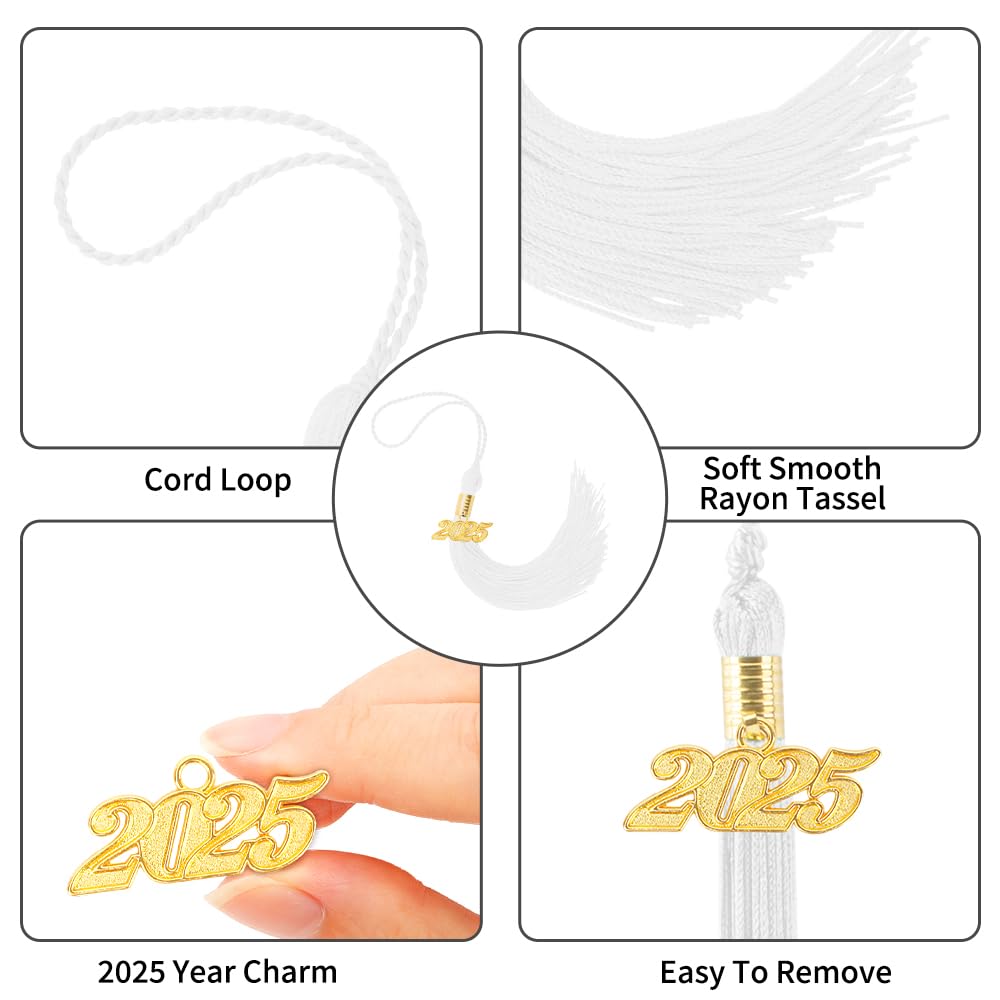 2025 Graduation Tassel Set - 2 Pack White Tassels with Gold 2025 Charm for Graduation Caps, Hats & Decorations - Perfect for Graduation Ceremonies, Parties & School Events