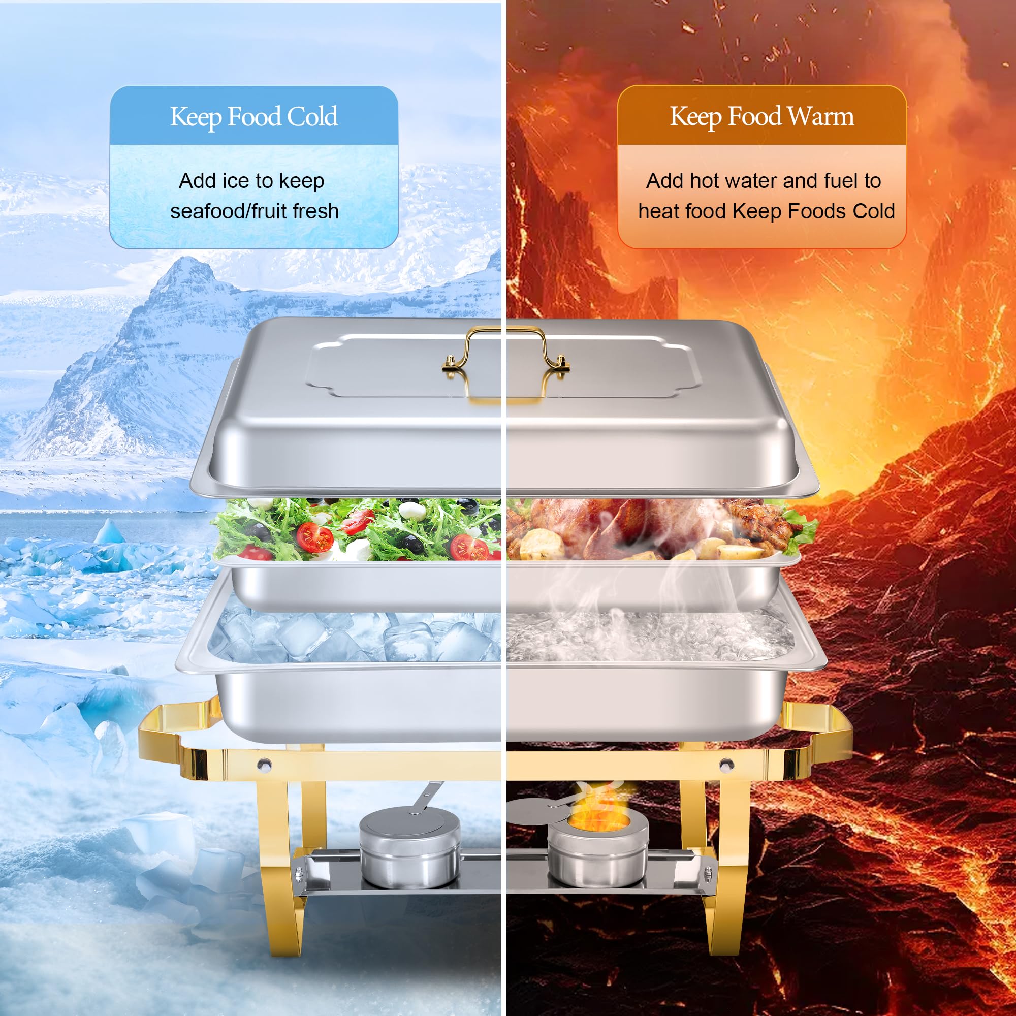 Premium 9.5QT Stainless Steel Chafing Dish Set (4-Pack) - Gold Rectangular Buffet Serving Trays with Heating & Cooling Function - Perfect for Banquets, Weddings, Catering, Parties & Events