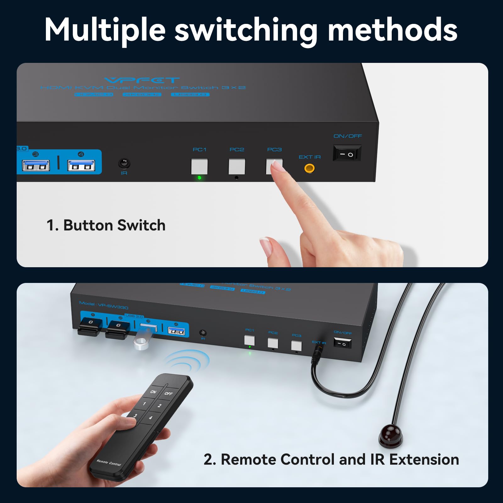 4K60Hz HDMI KVM Switch for 3 Computers & 2 Monitors - 4 USB 3.0 Ports, Copy/Extended Display Modes, Includes 3 USB 3.0 Cables - Perfect for Home Office, Gaming & Multi-Tasking Workstations