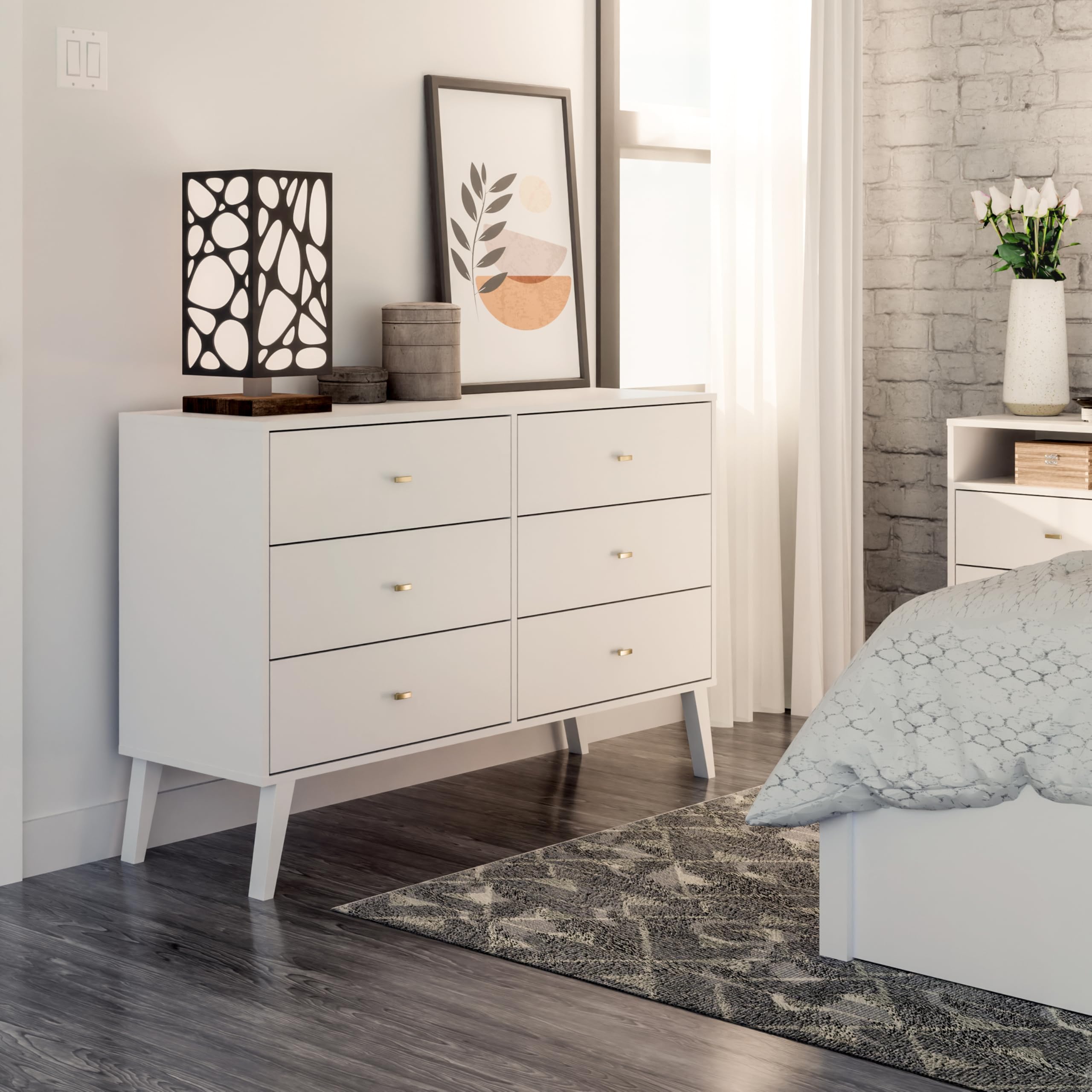 Mid-Century Modern 6-Drawer Double Dresser - Prepac Milo Wide Chest of Drawers for Bedroom, Contemporary Bedroom Furniture, 16.75