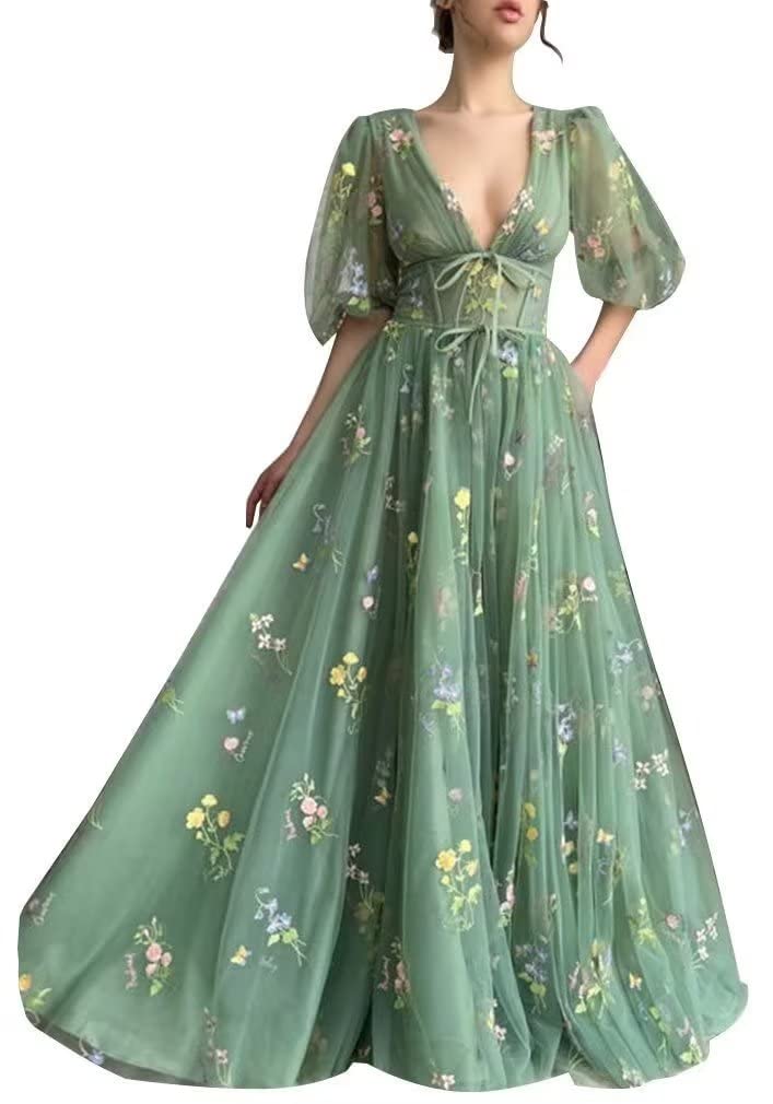 Verngo Puffy Sleeve Prom Dresses for Women - Floral Embroidered Green Tulle Evening Gown for Homecoming, Wedding Party & Formal Events