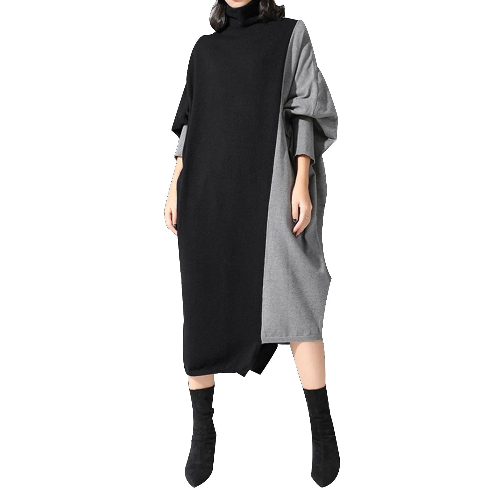 Women's Cotton Knit Midi Dress with Long Sleeves & High Neck - Elegant Knitted Skirt for Office, Party & Casual Wear