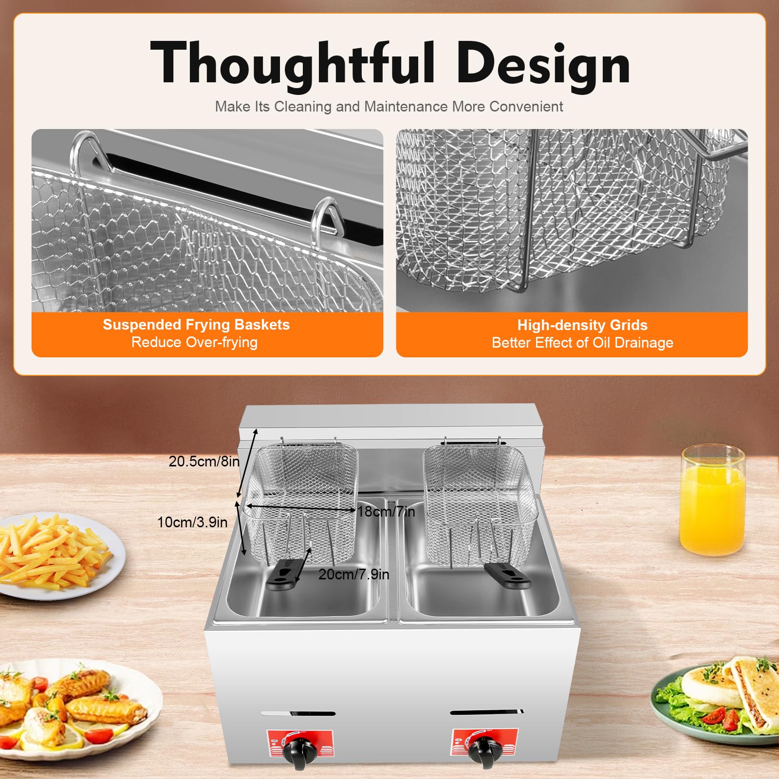12.7QT Stainless Steel Deep Fryer with Baskets & Lid - 12L Countertop Oil Fryer for Home Kitchen, Snacks, Chicken, Fish - Gas (LPG) & Electric Options - Perfect for Restaurants, Food Trucks & Outdoor Cooking