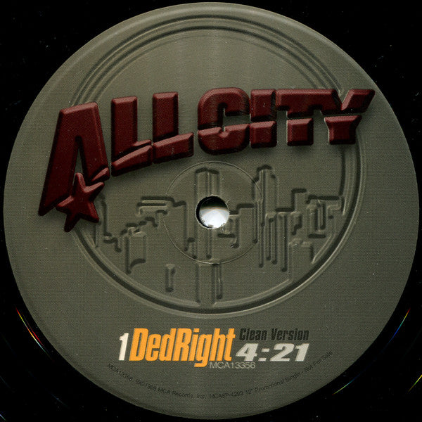 All City Ded Right Vinyl Record (12 Inch, Promo Edition, VG+ Condition) - Perfect for DJs, Collectors & Music Enthusiasts