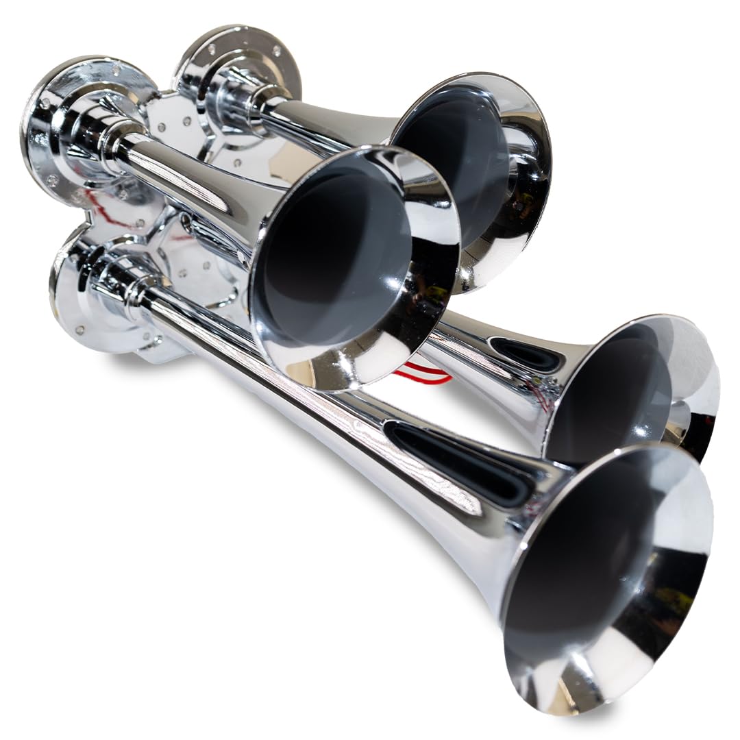 Kleinn 141 Compact Quad Air Horn - Chrome Plated Loud Truck Air Horn for Semi, Pickup & Off-Road Vehicles - Perfect for Emergency Alerts & Custom Car Upgrades