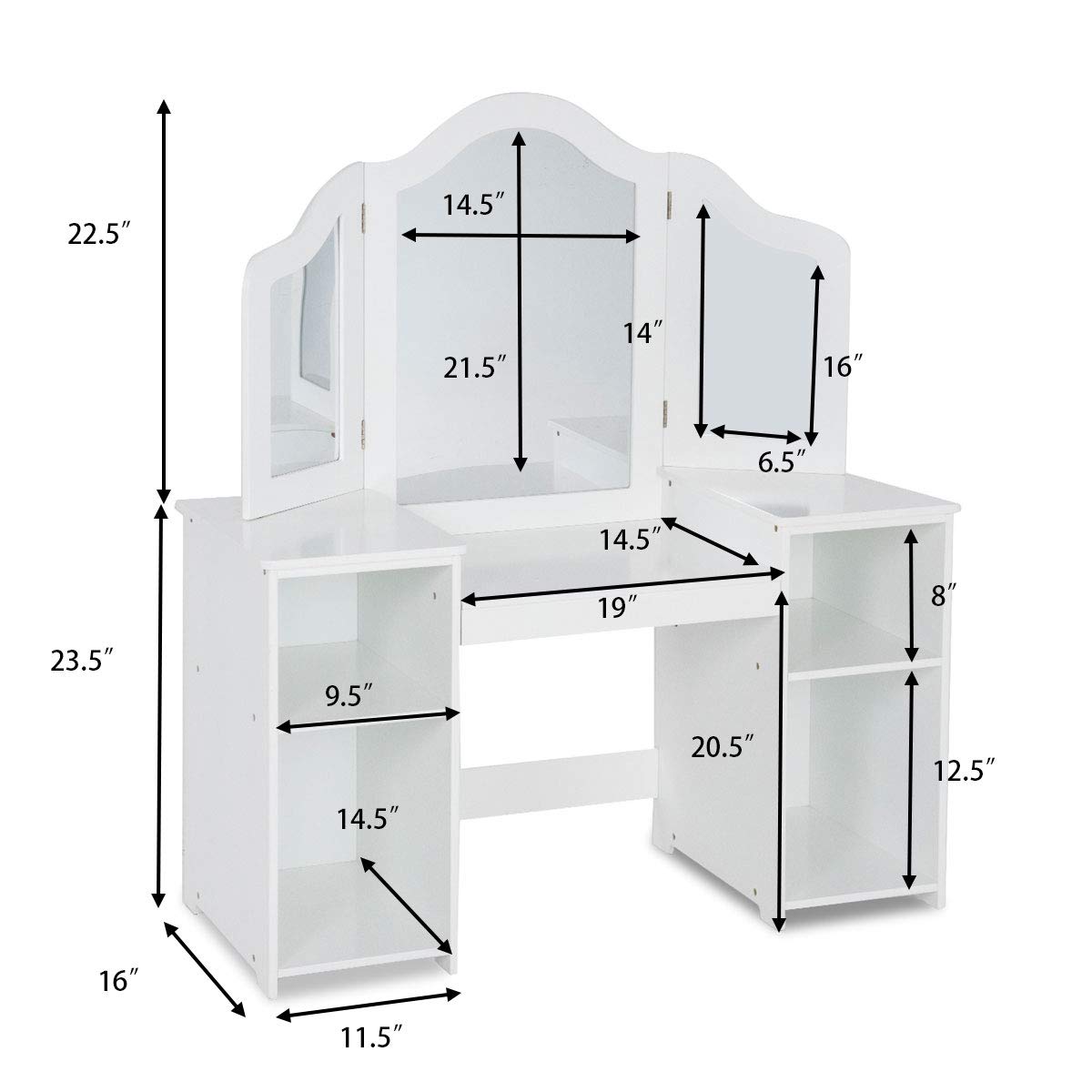 **White Kids Vanity Table with 4 Storage Shelves & 2 Folding Mirrors - 2-in-1 Makeup Dressing Table for Girls, Perfect for Bedroom Playroom & Birthday Gifts**