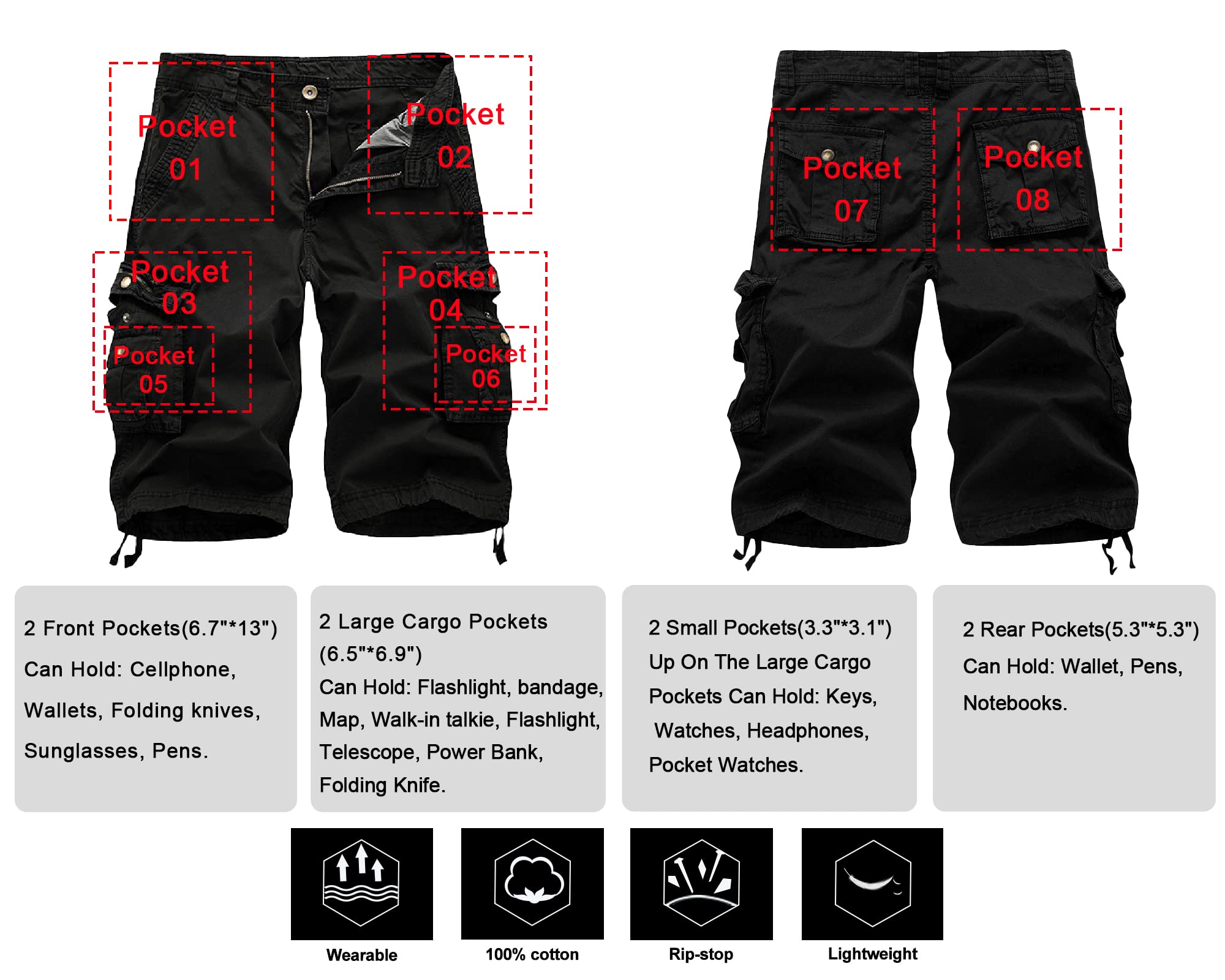 TRGPSG Men's Cargo Shorts - Relaxed Fit Cotton Capri Shorts with 13