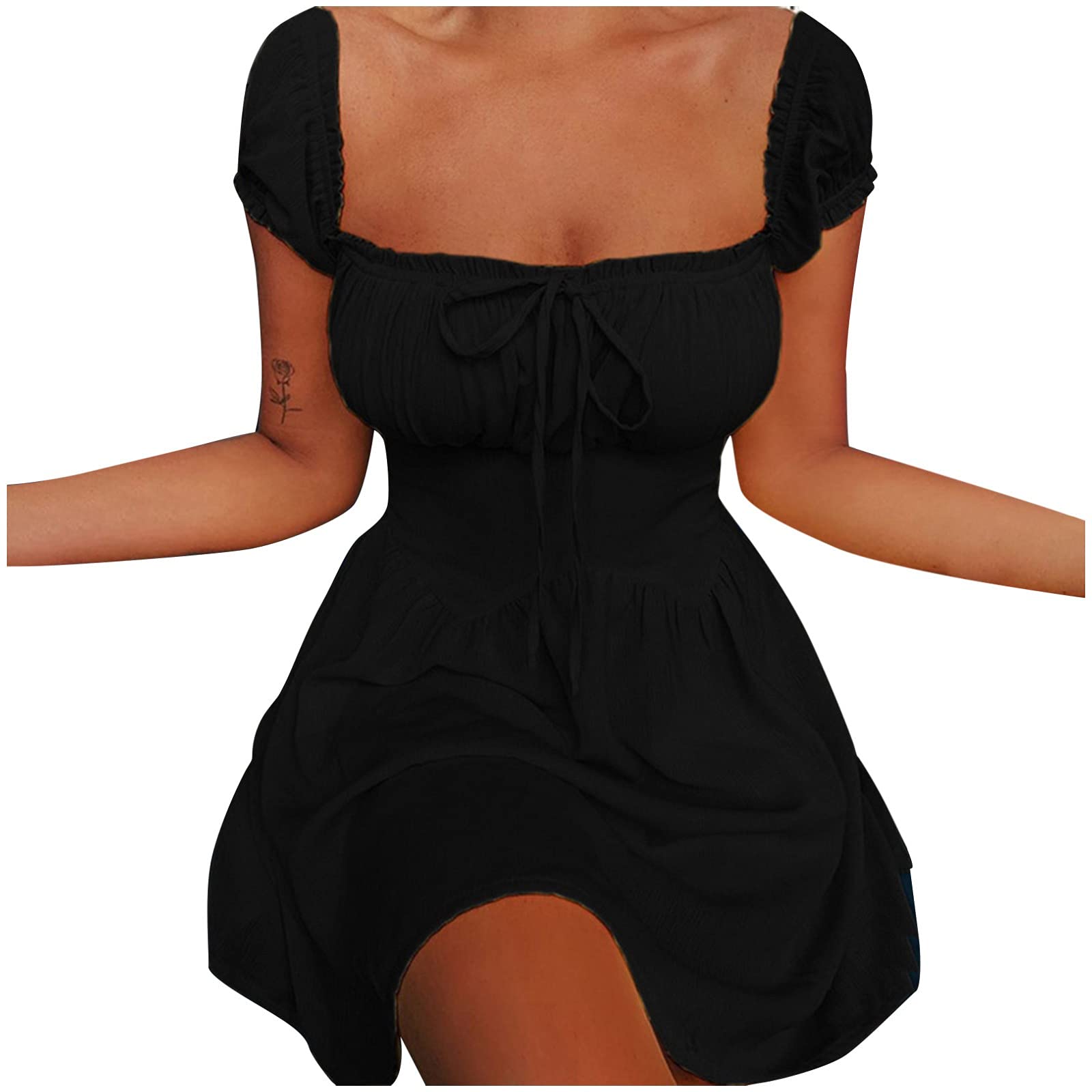 Women's Linen Midi Dress with Round Neck & Short Sleeves - Summer Flowy Tunic Dress for Beach, Vacation & Casual Wear