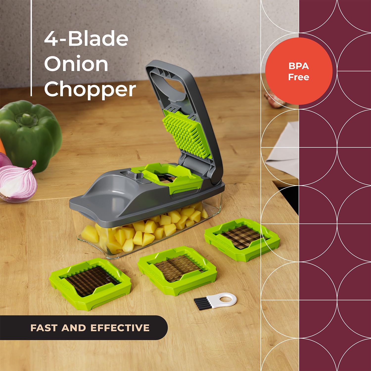 MuellerLiving 4-Blade Onion Chopper - Multi-Functional Vegetable Dicer, Grape Cutter & Egg Cheese Slicer with Storage Container - Perfect for Meal Prep, Salad Making & Kitchen Efficiency