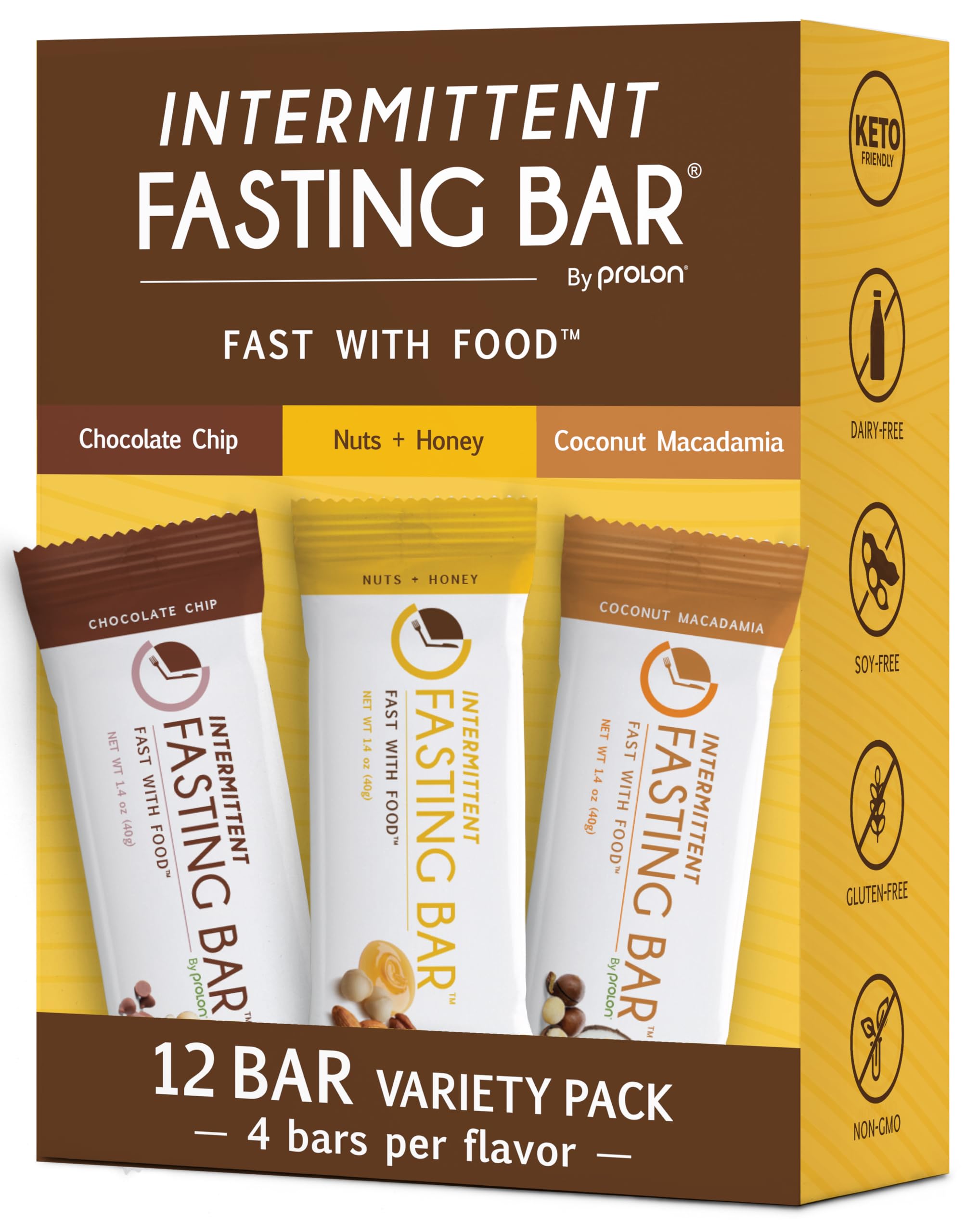 Prolon Fast Bars - Keto, Gluten Free, Dairy Free, Plant Based Protein Snacks for Intermittent Fasting | Variety Pack with Nuts & Honey, Chocolate Chip, Coconut Macadamia Flavors (12 Count) | Perfect for On-the-Go Nutrition, Workout Recovery & Healthy Lifestyle