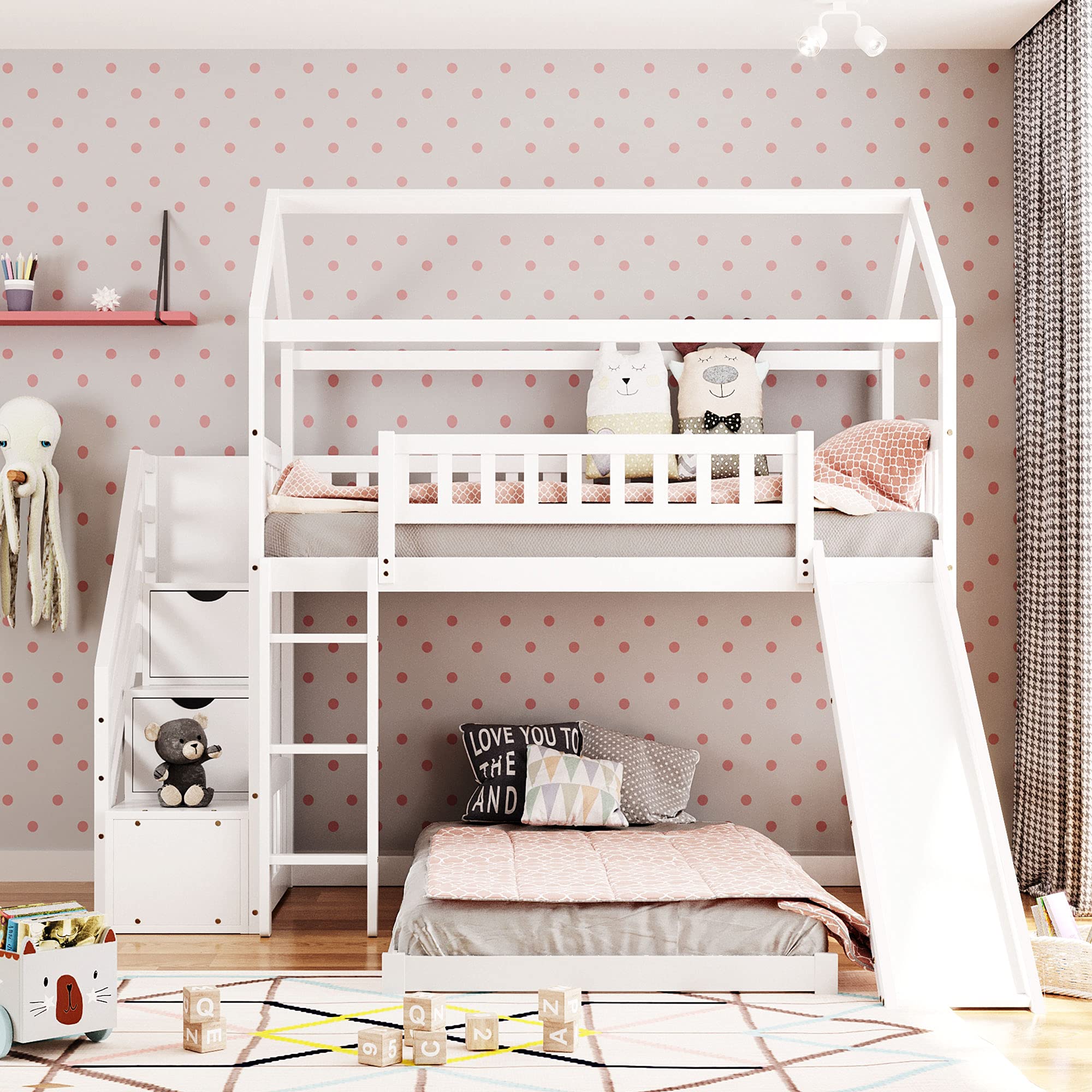 Solid Wood Twin Over Twin Bunk Bed with Slide - Kids House-Shaped Loft Bed Frame with 2 Drawer Stairs & Ladder for Boys, Girls, Teens - No Box Spring Needed (White) - Perfect for Small Bedrooms, Shared Kids Rooms & Play Areas
