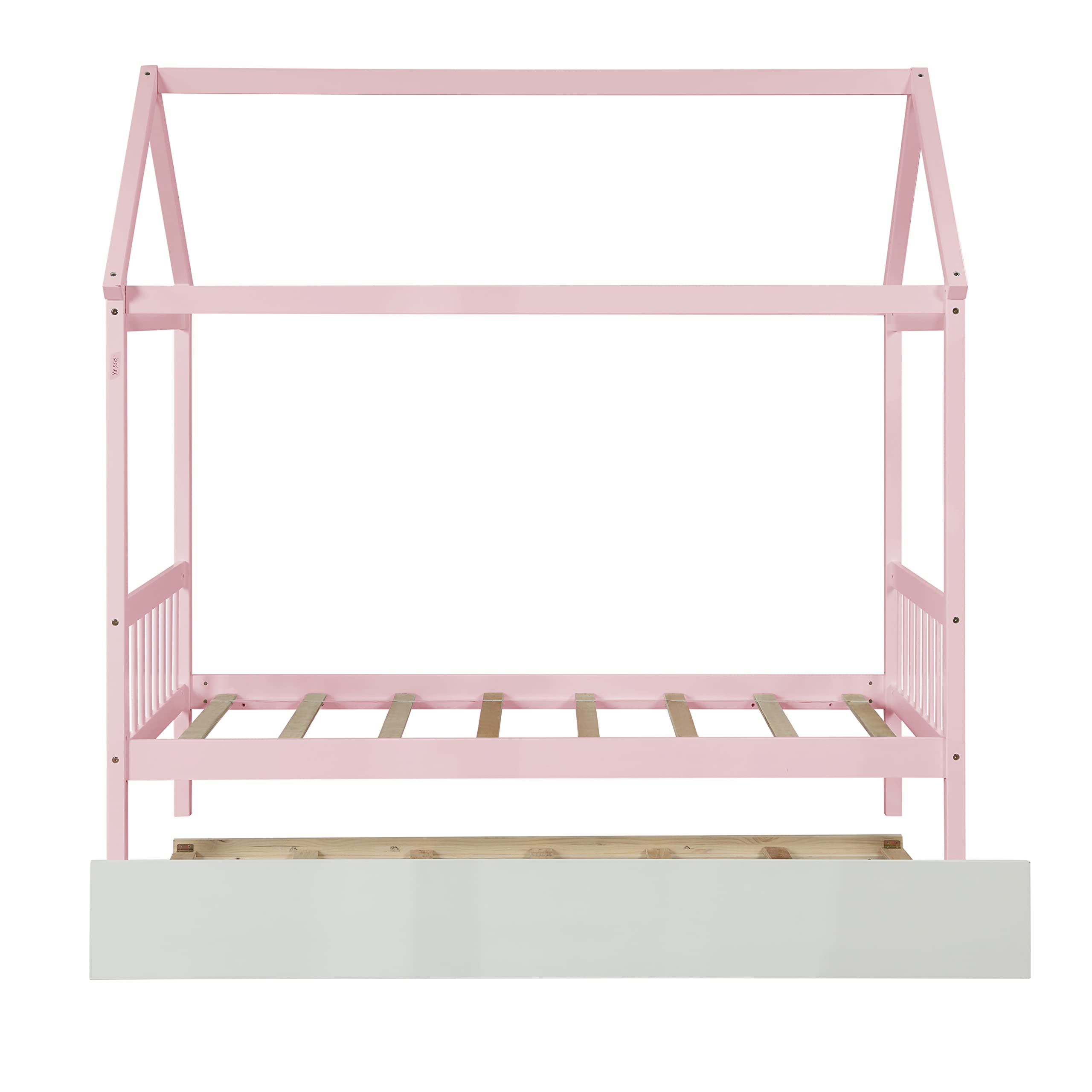 Merax Twin Size Wooden House Bed with Trundle - Pink Kids Bed Frame with Roof, Headboard & Footboard for Girls & Boys | Perfect for Bedroom Decor & Playroom Fun