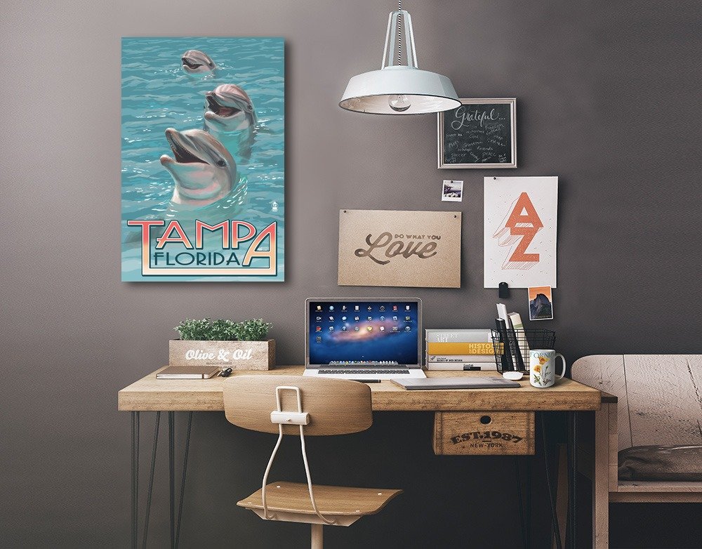 Lantern Press Tampa Florida Dolphins 16x24 Wrapped Canvas Wall Art - Coastal Home Decor for Living Room, Bedroom & Office