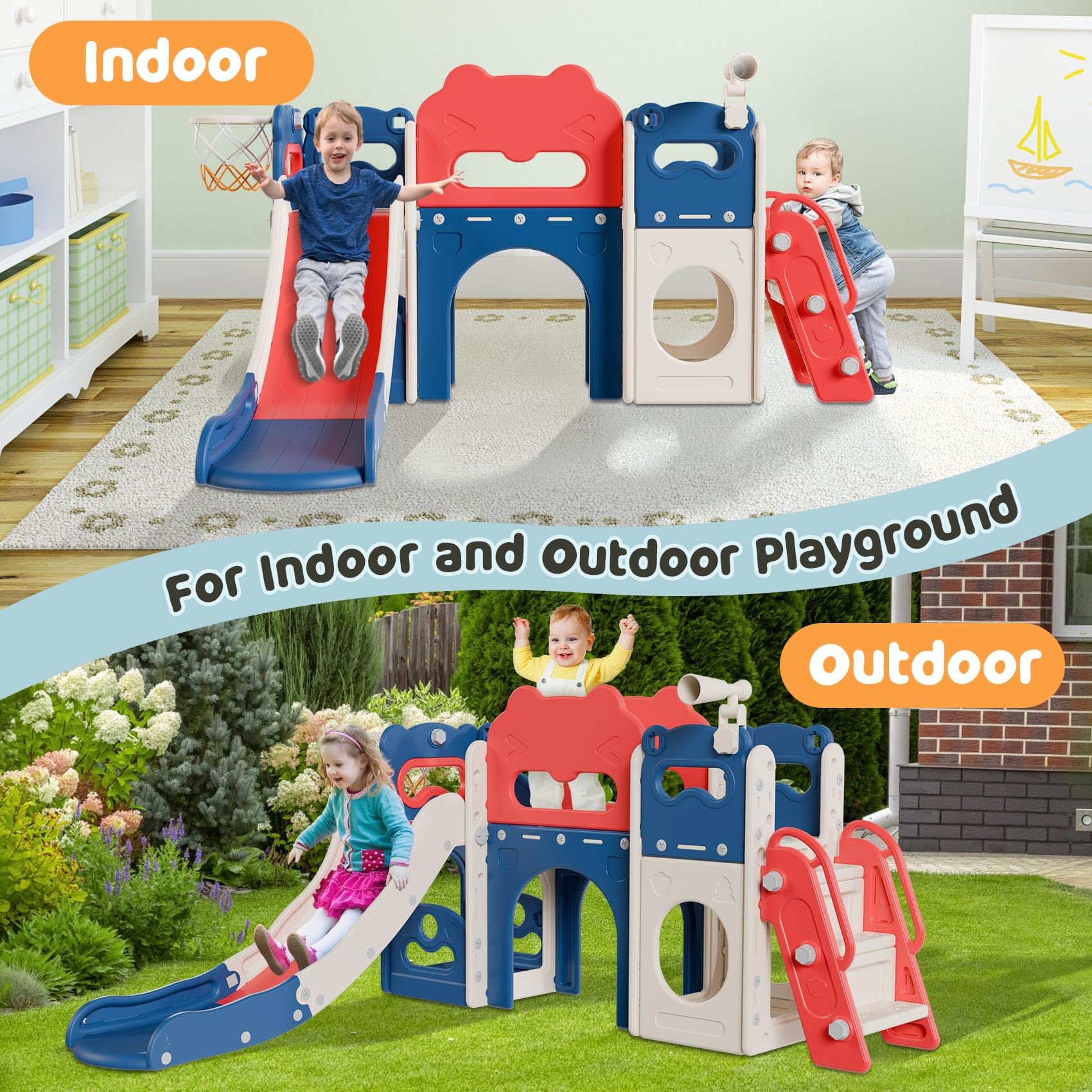 Babytronic 8-in-1 Toddler Slide Playset for Kids Ages 1-3 | Indoor/Outdoor Baby Slide with Basketball Hoop & Telescope | Blue & Red Playground Toy for Toddlers | Perfect for Backyards, Playrooms & Daycare Centers