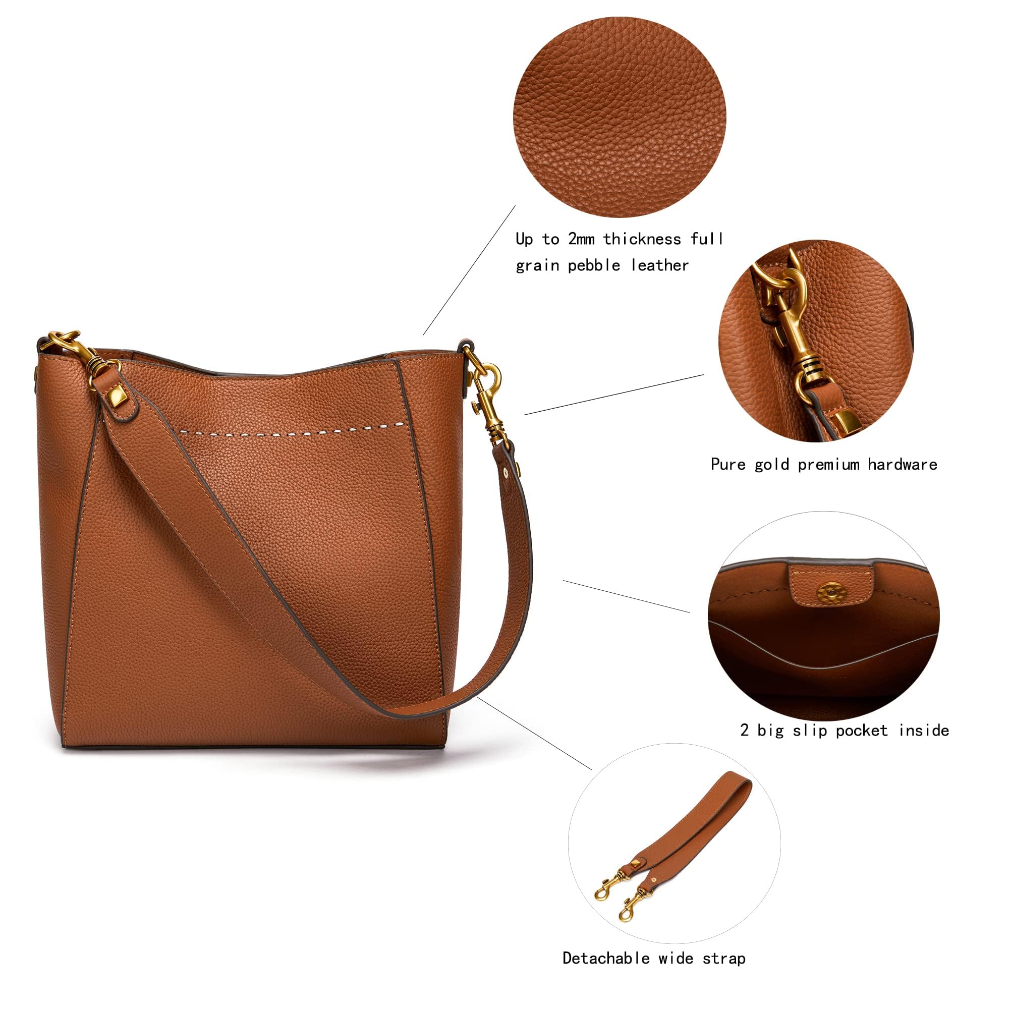 DORIS&JACKY Genuine Leather Bucket Tote Bag for Women - Stylish Designer Shoulder Hobo Purse with Detachable Wide Strap - Perfect for Work, Travel & Everyday Use