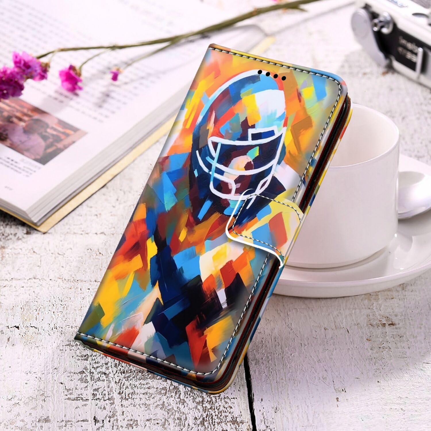 Premium PU Leather Wallet Case for Samsung Galaxy M21S - American Football Rugby Design with Card Slots & Magnetic Stand | Shockproof Protective Phone Cover with Wrist Strap | Perfect for Sports Fans, Travel & Everyday Use