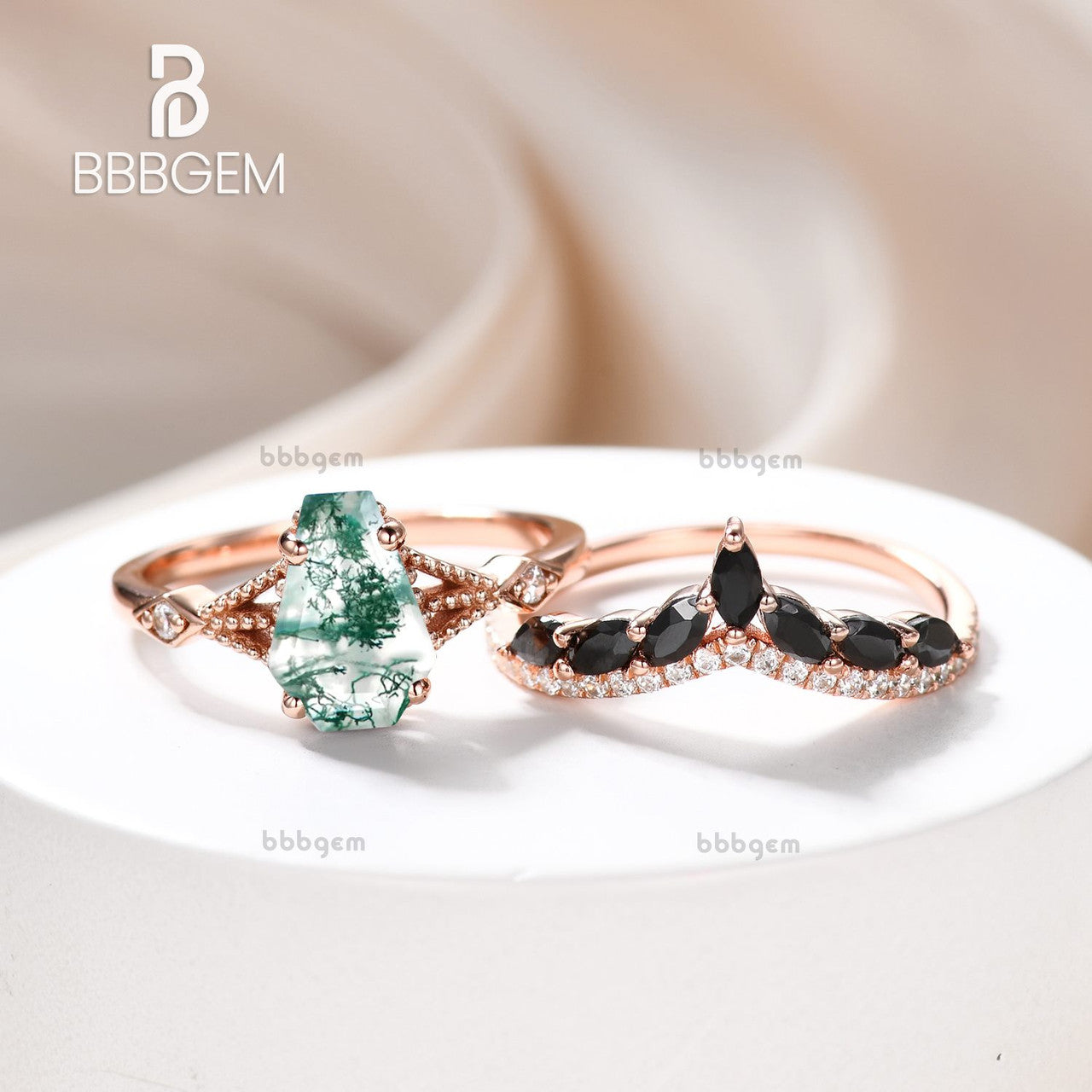 Gothic Alternative Coffin Cut Engagement Ring Set - Moss Agate 14k Gold Ring & Marquise Cut Black Spinel Ring for Dark Romance Weddings, Punk Proposals and Unique Gothic Jewelry Collections