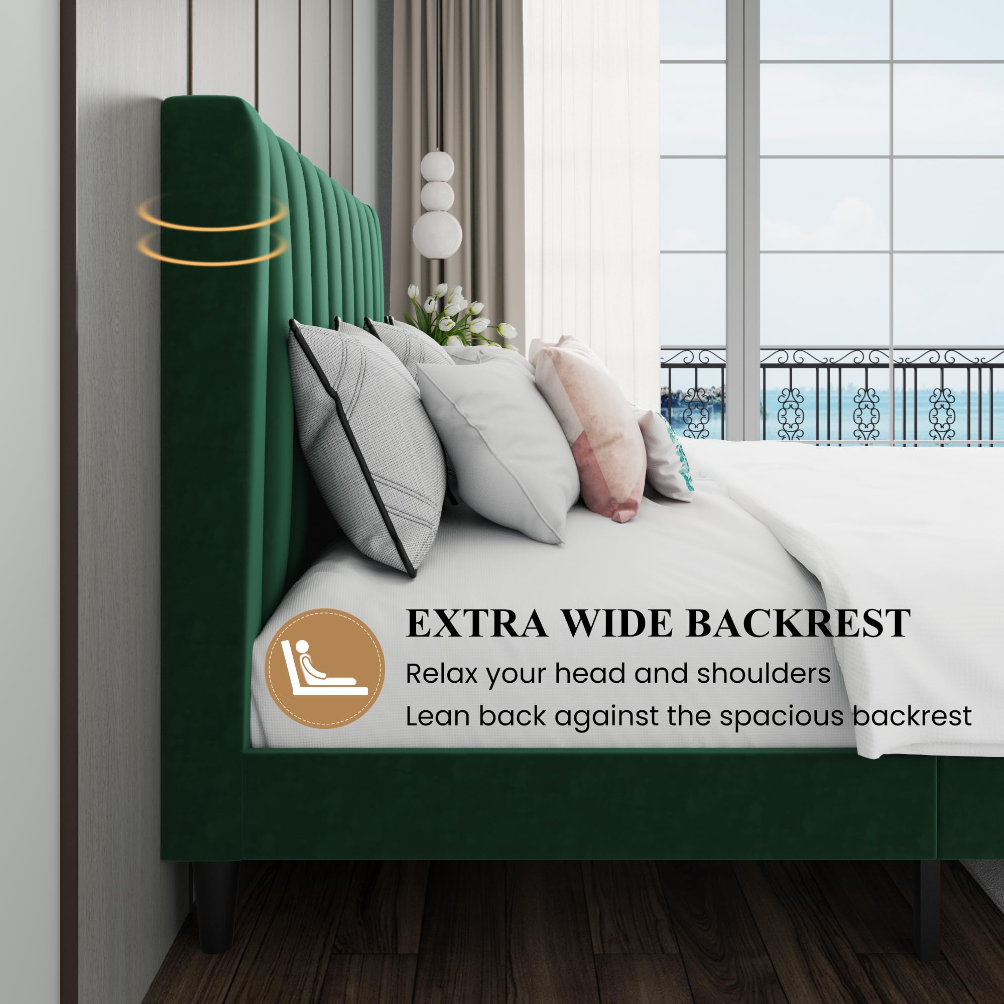 Luxury SHA CERLIN King Size Bed Frame - Velvet Upholstered Platform Bed with Headboard, Sturdy Wood Slat Support, No Box Spring Required (Emerald Green) | Perfect for Master Bedrooms, Guest Rooms & Modern Apartments
