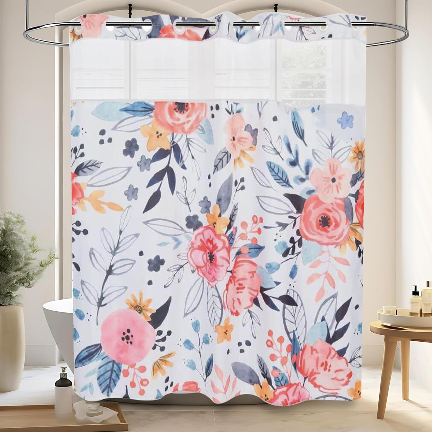 Riley Evans Snap-On Floral Shower Curtain with Liner - 71x74 Inch No Hook Bathroom Set with Window - Waterproof Hotel Style Shower Curtain for Bathroom Decor (Ideal for Guest Bathrooms, Vacation Rentals & Spa-Like Showers)