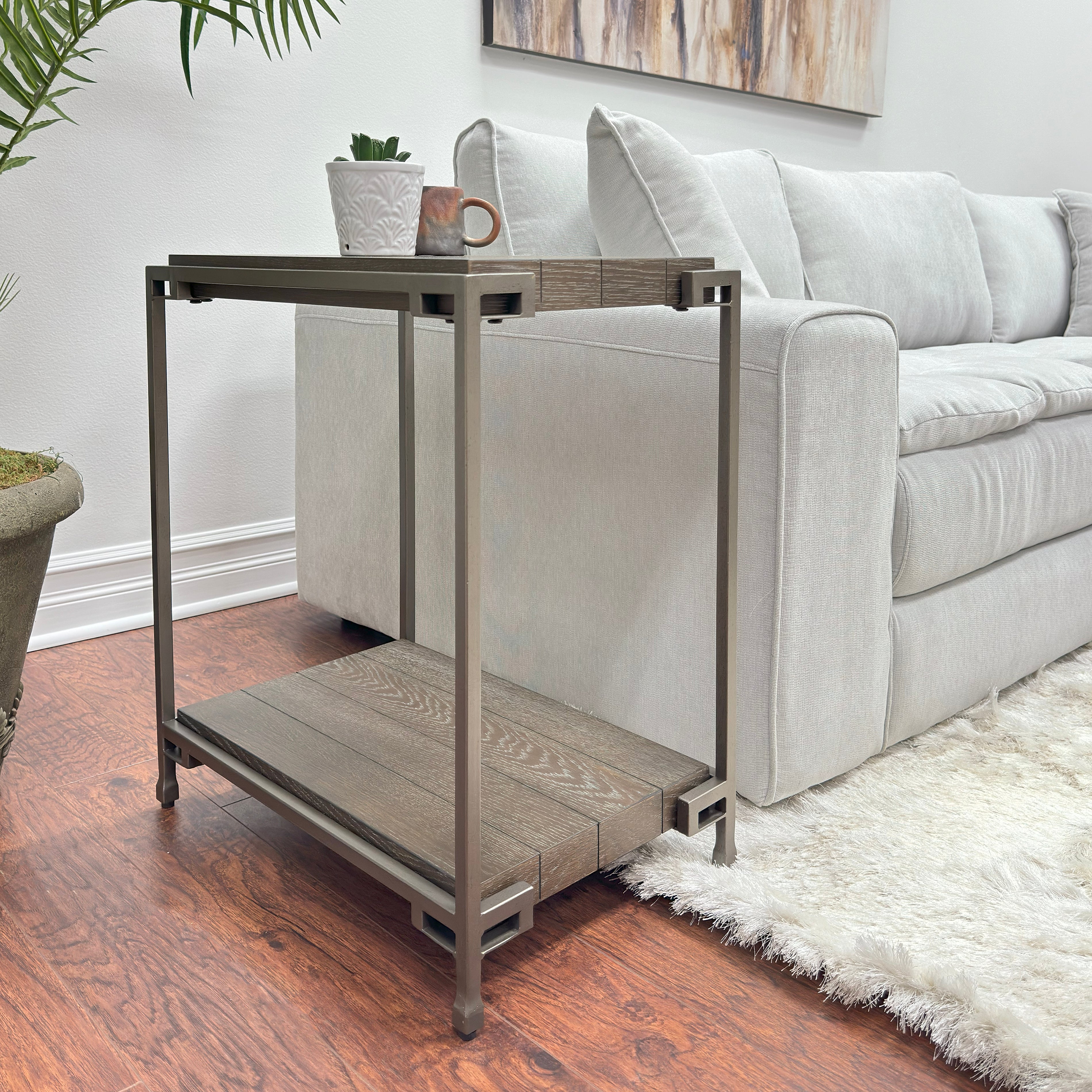 Roundhill Furniture Corbeta Metal Frame Wood Living Room Side Table with Shelf - Aged Graphite Finish - Perfect for Living Room, Bedroom, or Office Accent Table