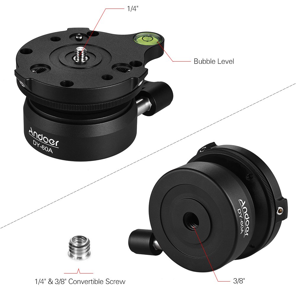 Professional Andoer Tripod Leveling Base with Offset Bubble Level - Compatible with Canon, Nikon DSLR Cameras - Fits 1/4inch & 3/8inch Tripods & Monopods - Perfect for Landscape, Architectural & Studio Photography