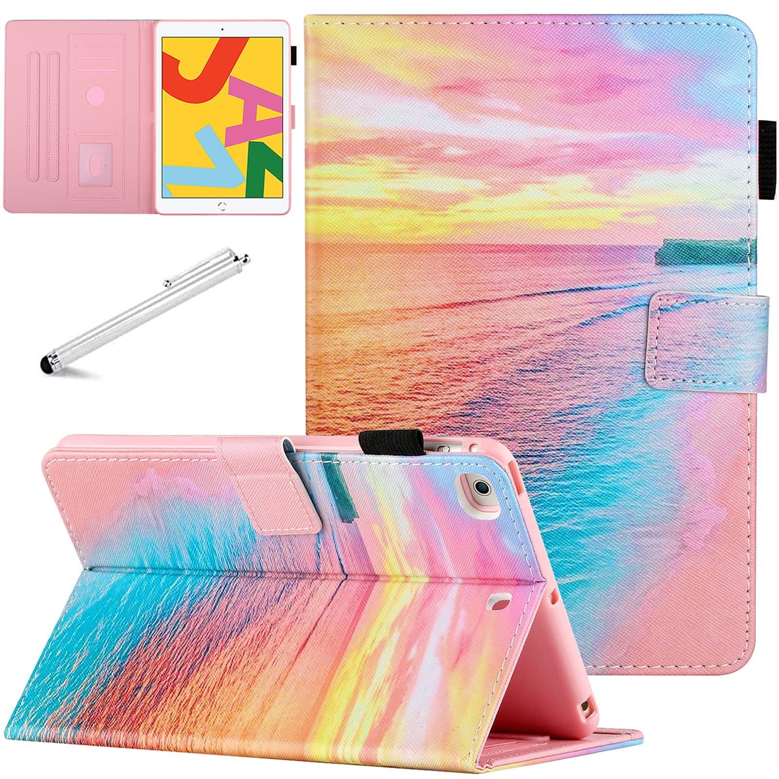 Premium PU Leather iPad Mini Case (1/2/3/4/5) - Smart Wake/Sleep, Folio Stand with Card Slot | Sunset Beach Design | Perfect for Work, Travel & Home Use