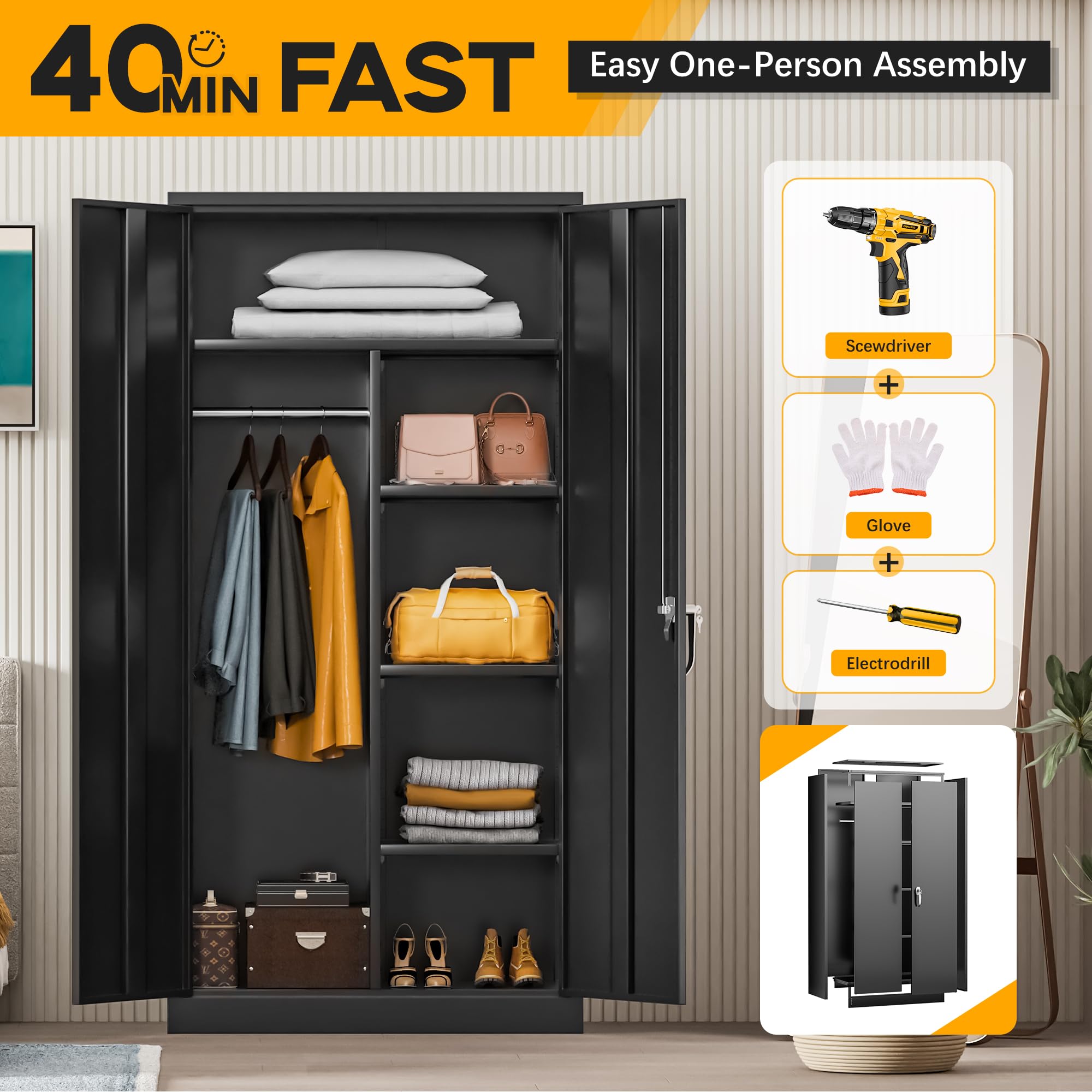Greenvelly Black Metal Wardrobe Cabinet with Lock - Hanging Clothes Storage with Doors & Shelves for Home, Office, Bedroom, School & Gym | Space-Saving Closet Organizer for Small Spaces & Dorm Rooms