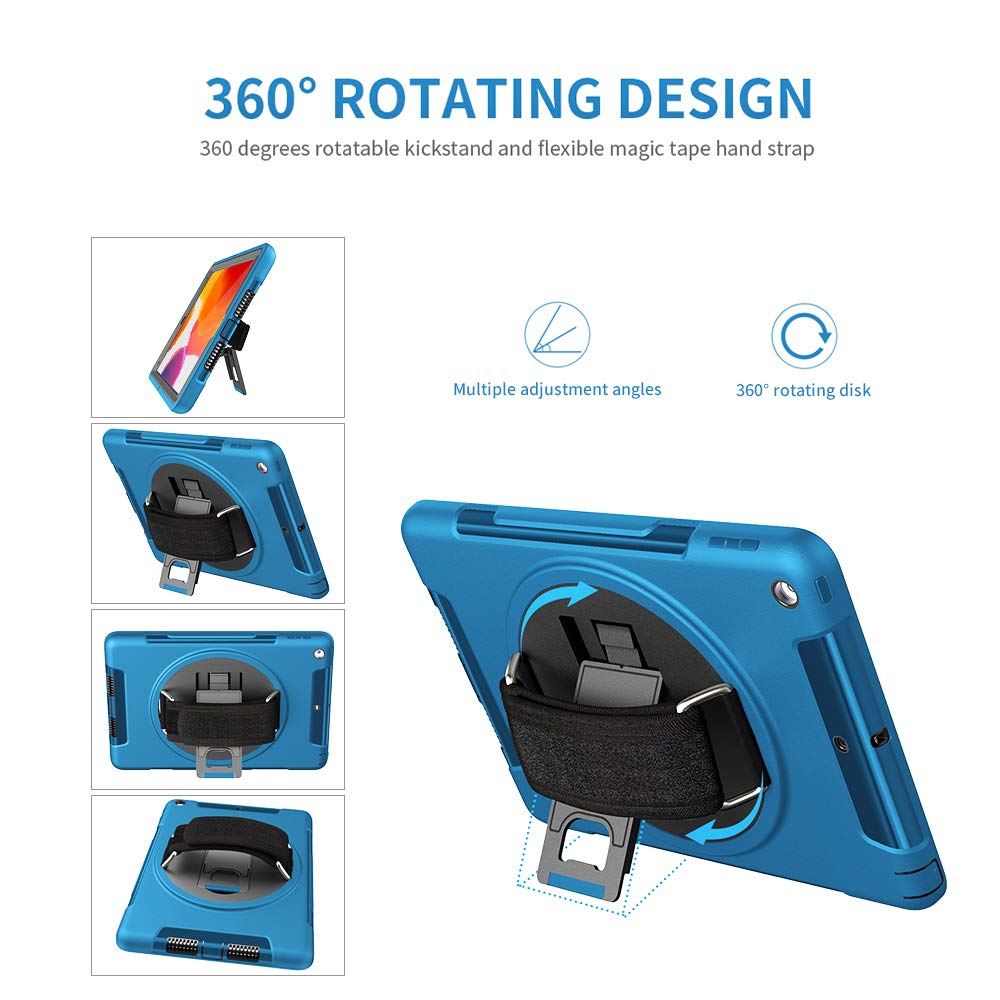 Premium iPad 6th Gen Case (9.7 Inch 2017/2018 Model) - Heavy Duty 3-Layer Rugged Protection with Bonus Screen Protector, Hand Strap & 360° Rotatable Kickstand - Shockproof Cover for iPad 6th Generation - Perfect for Outdoor Adventures, Travel & Daily Commute (Blue)