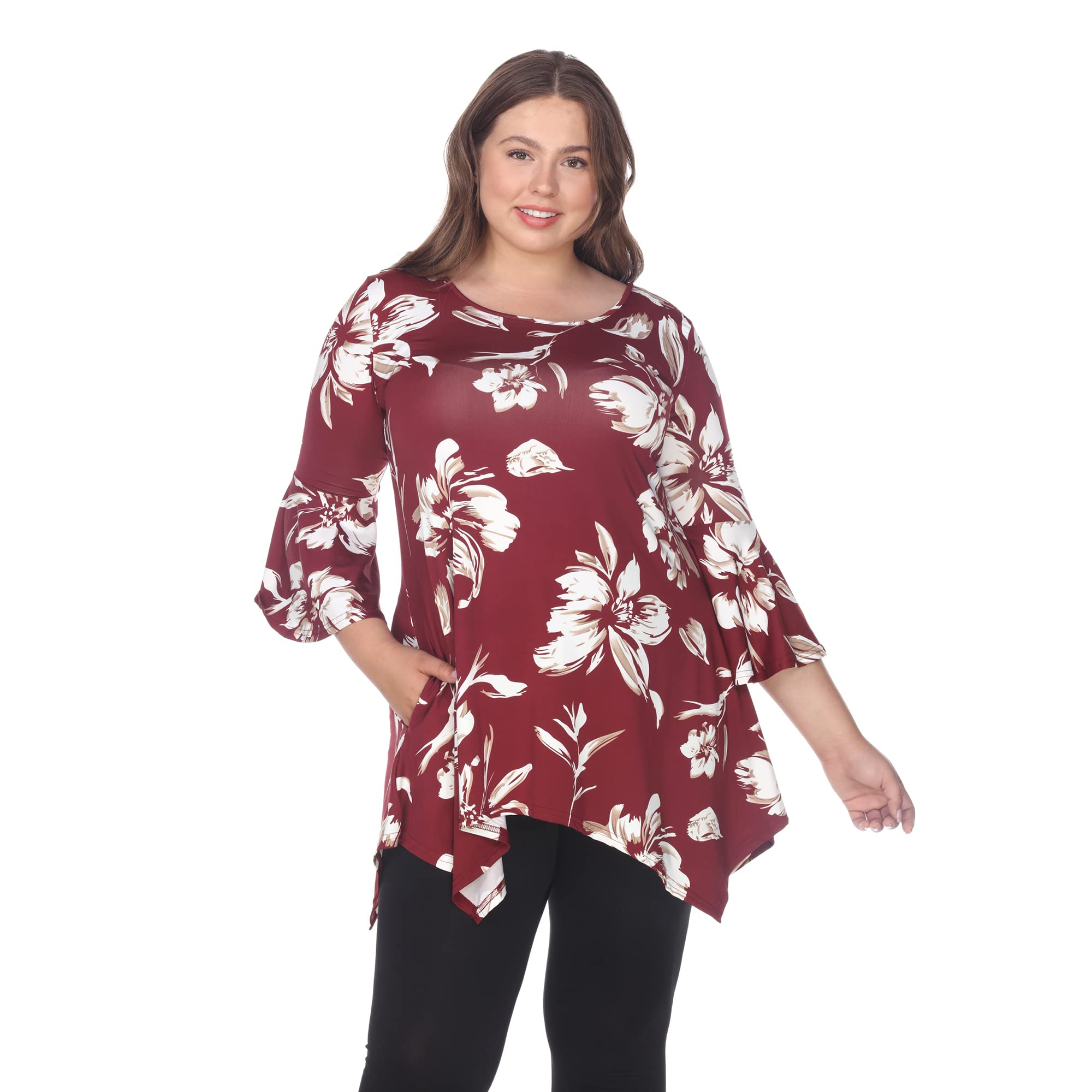 Plus Size Blanche Tunic Top for Women - Flowy Red Blouse with V-Neck, Long Sleeves & Side Slits | Perfect for Casual Wear, Office Outfits & Special Occasions