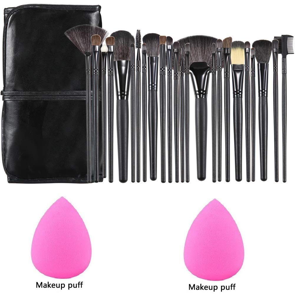 Premium 24-Piece MISS & MAM Fiber Bristle Makeup Brush Set with Leather Storage Pouch - Professional Cosmetic Brushes for Foundation, Blending, Contouring - Perfect for Travel & Home Makeup Kits