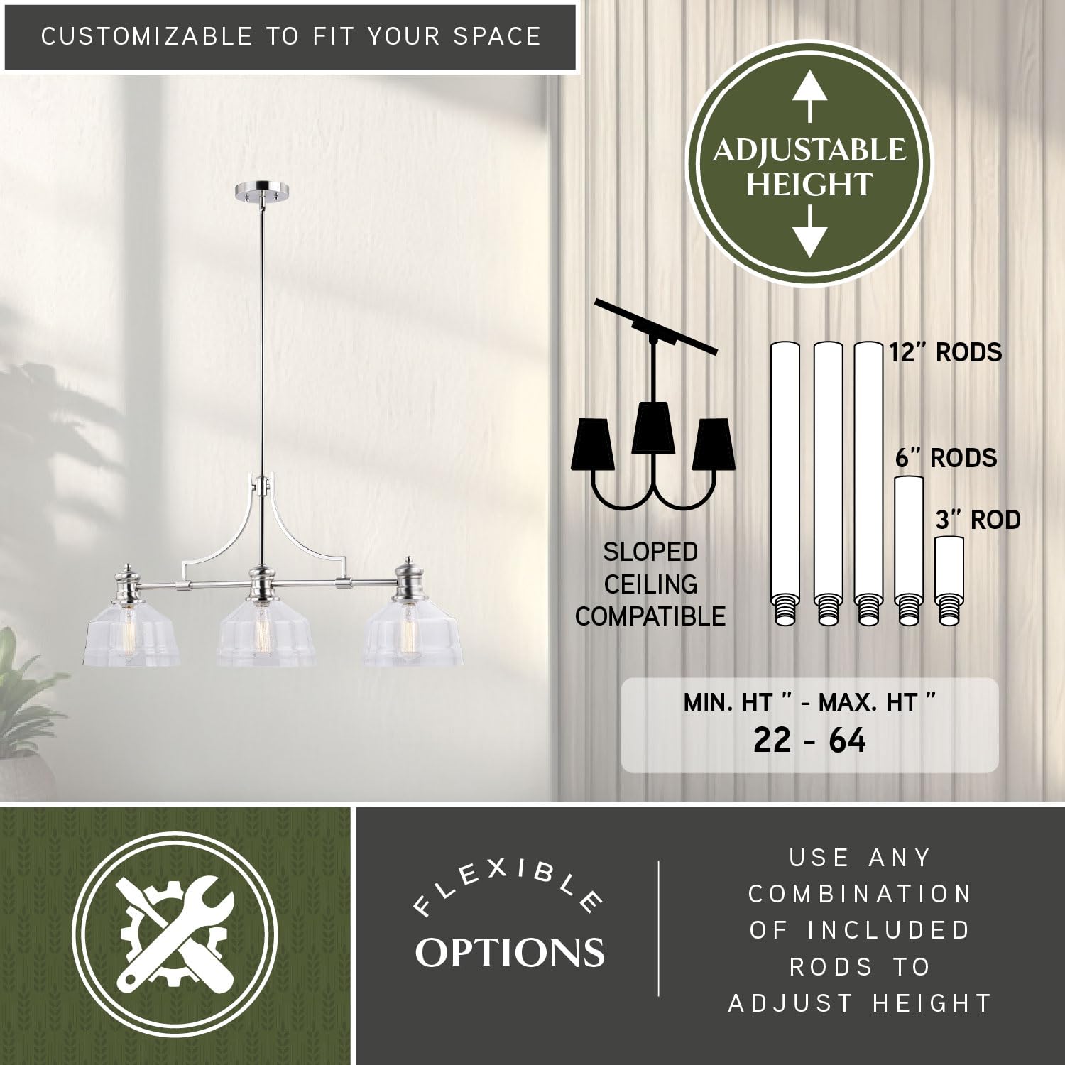 VAXCEL Beloit 3-Light Nickel Farmhouse Linear Chandelier - Clear Glass Island Pendant Light Fixture for Kitchen, Dining Room & Modern Farmhouse Decor