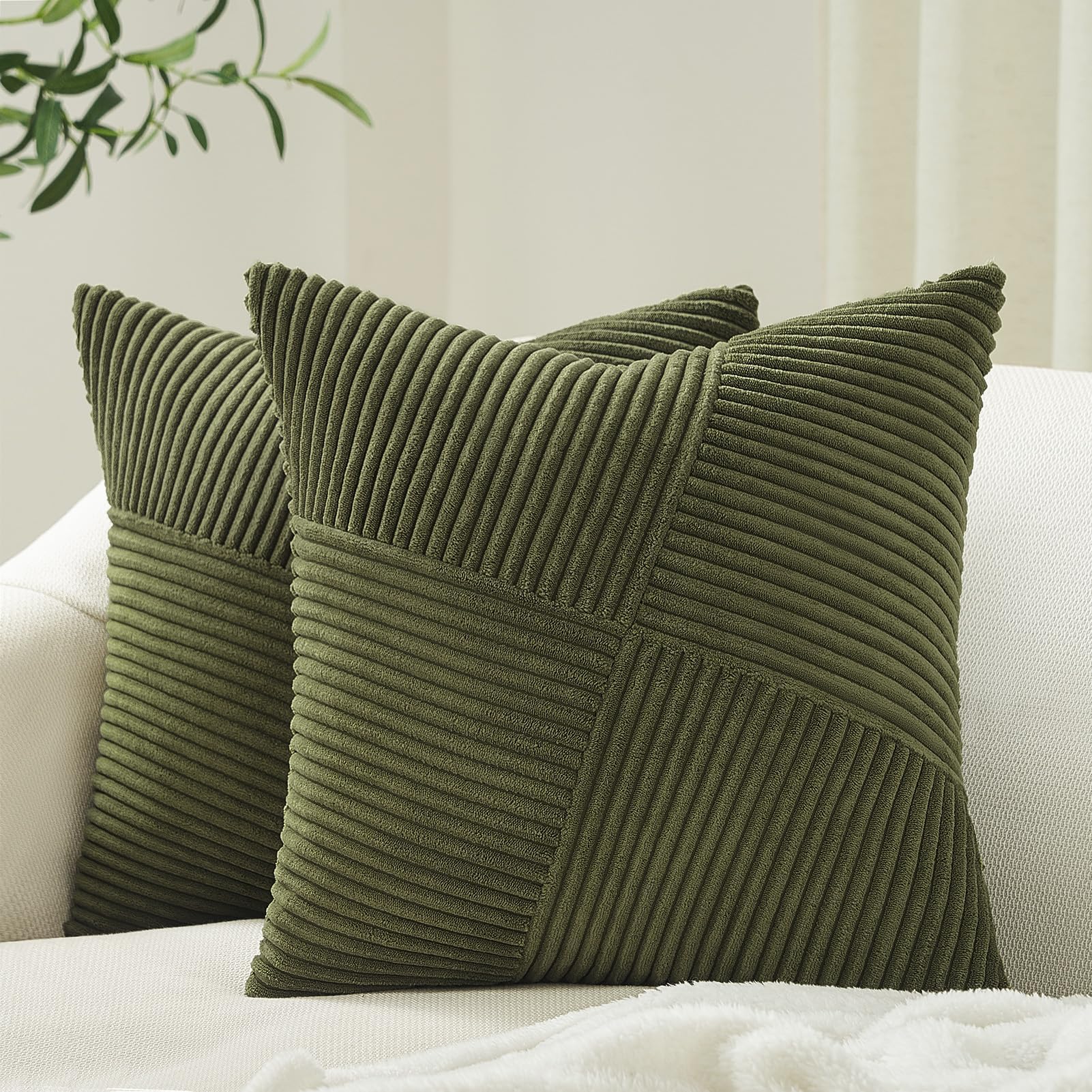 Topfinel Olive Green Decorative Throw Pillow Covers Set of 2 - 18x18 Inches (45x45 cm) Soft Corduroy Striped Patchwork Cushion Cases for Couch, Bed, Sofa - Boho Aesthetic Home Decor - Perfect for Living Room, Bedroom & Cozy Reading Nook