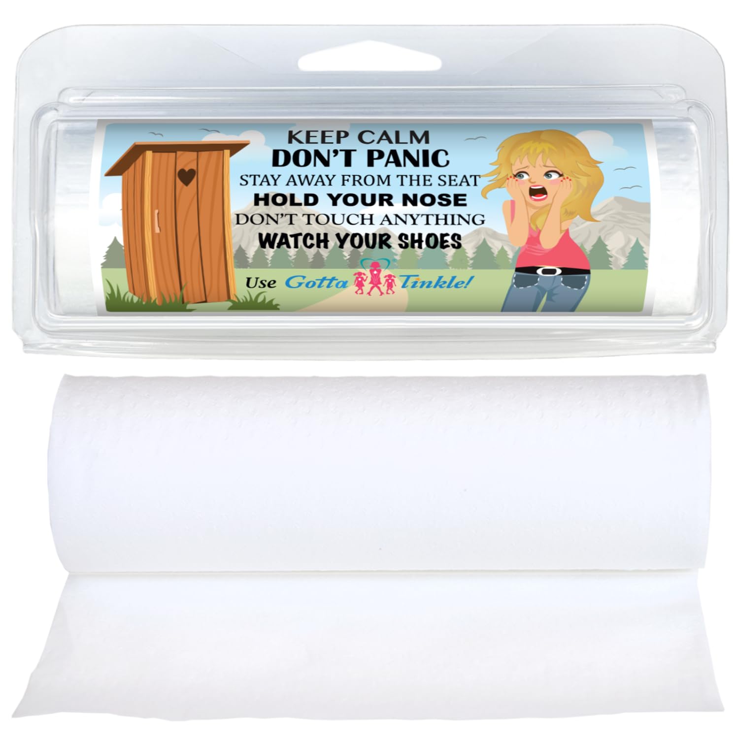 Premium Mini Toilet Paper Rolls 3-Pack - Travel Size for Purses & Emergency Kits with Convenient Plastic Dispenser - Funny Outhouse Humor Design (Keep Calm Outhouse - Blonde) - Perfect for Camping, Road Trips & Outdoor Adventures