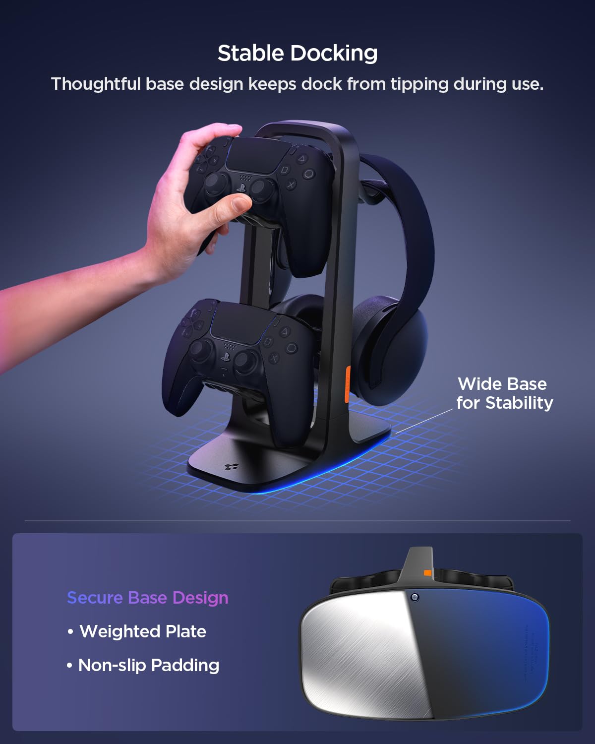 Spigen Universal Gaming Controller & Headset Stand - 2 Tier Organizer for PlayStation 5, Xbox Series X, Nintendo Switch, Razer & PC Headsets with Cable Management - Perfect for Gaming Setup & Desk Organization (Black)