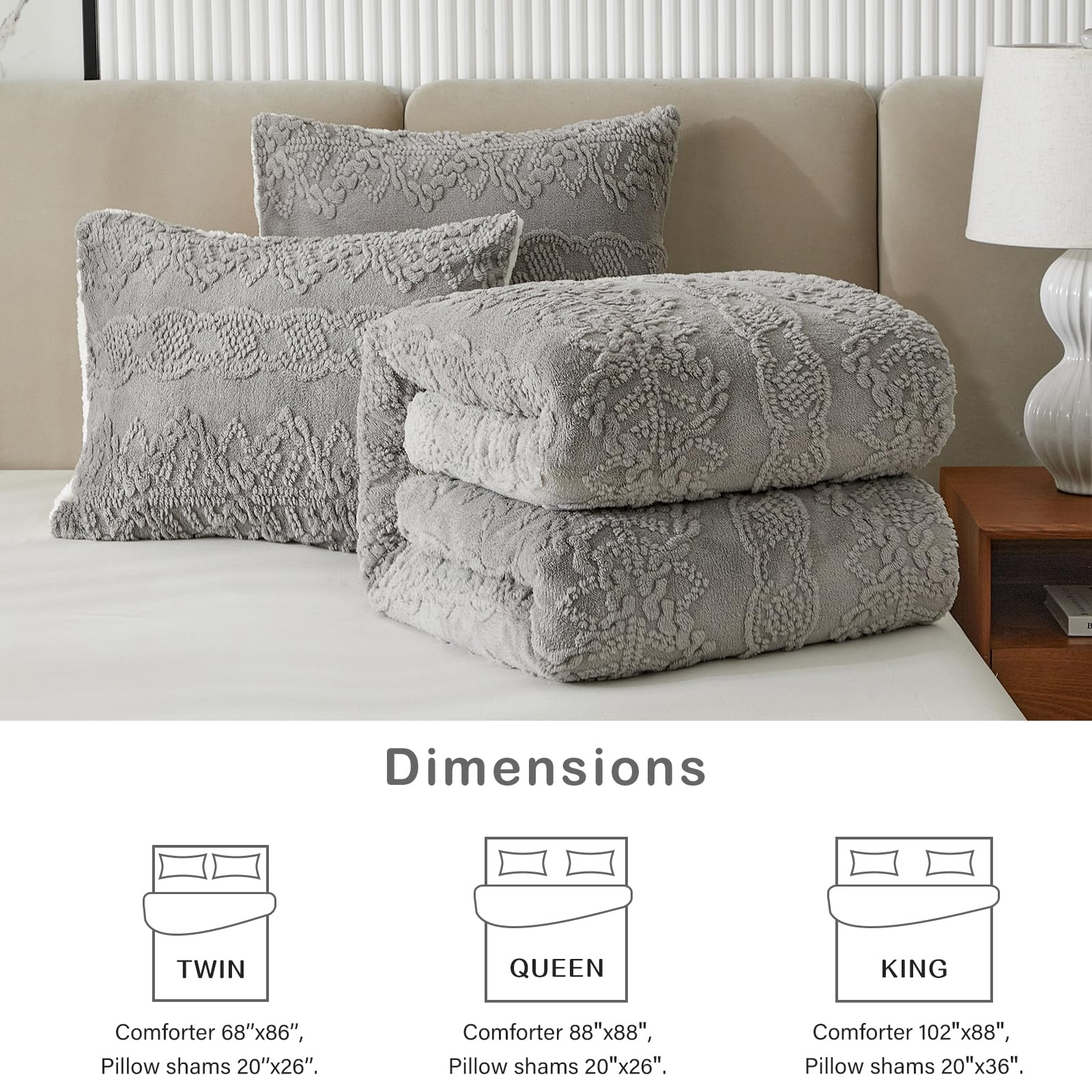 Luxury Flannel Fleece Sherpa Comforter Set Full/Queen Size - Ultra Soft & Warm Jacquard Boho Stripes Down Alternative Bedding - Grey Winter Comforter with 2 Pillowcases (3-Piece Set) - Perfect for Cozy Bedrooms, Guest Rooms & Cold Weather Retreats