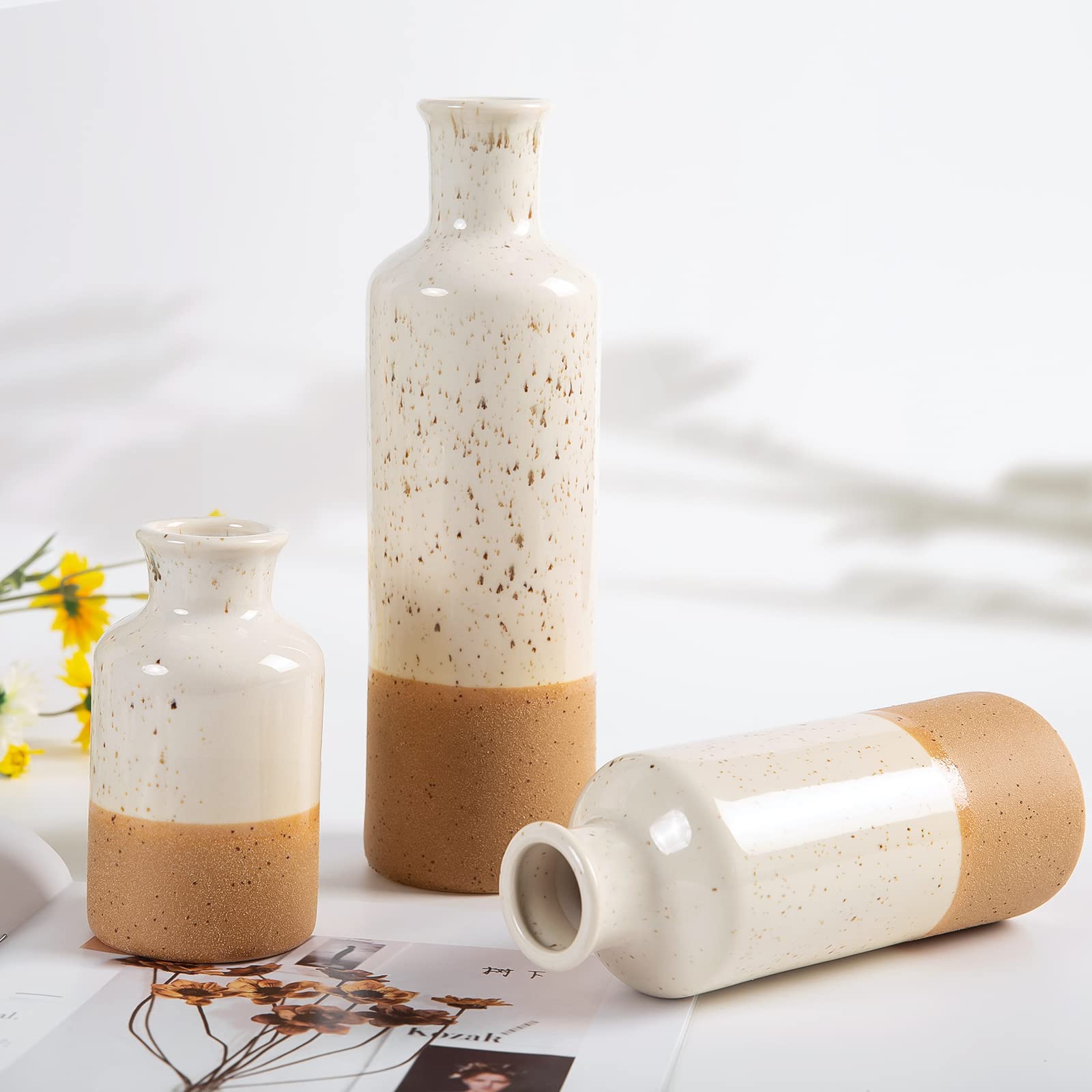Boho Ceramic Vase Set - 3pcs White & Brown Table Decor for Living Room