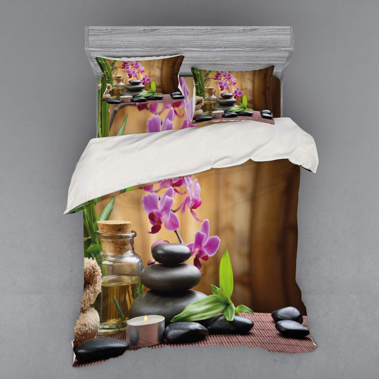 Ambesonne 4-Piece Spa Bedding Set - Queen Size Duvet Cover with Shams & Fitted Sheet, Purple Black Green Healing Stones & Floral Print | Luxury Hotel-Style Bedroom Decor for Relaxation & Aromatherapy
