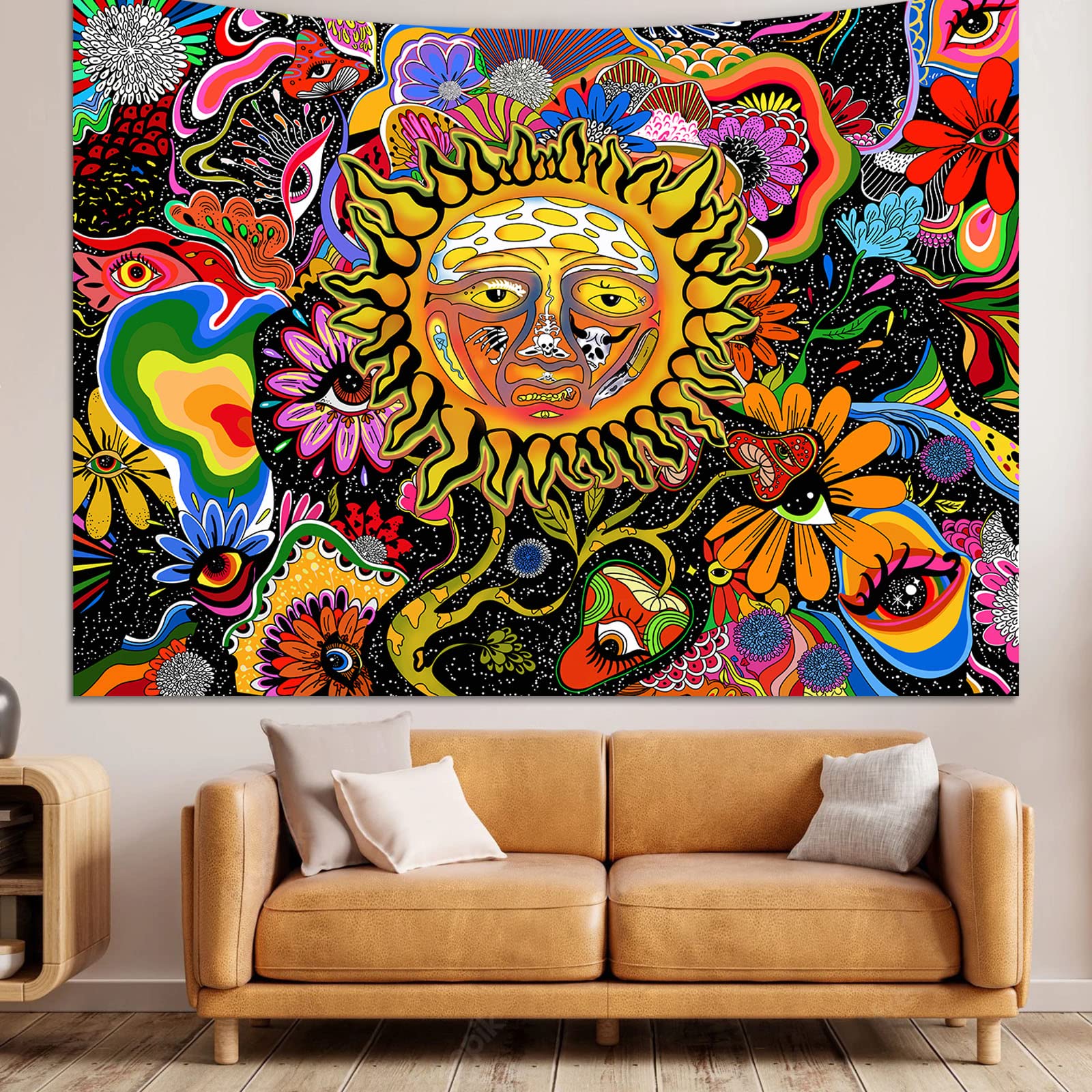 Trippy Hippie Tapestry - Colorful Mushroom & Flower Design Wall Hanging 51x60 Inch for Bedroom, Living Room & Dorm Decor | Boho Aesthetic Room Tapestry for Meditation Space & Music Festival Vibes