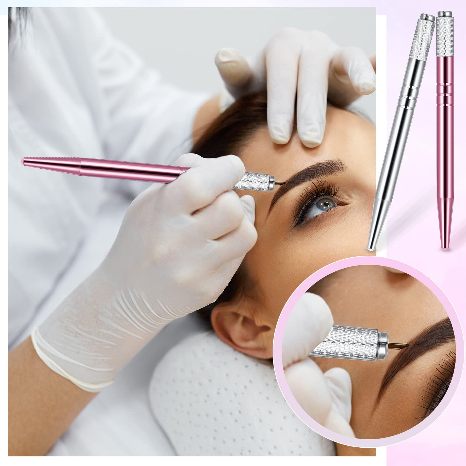 10-Piece Microblading Pen Set - Manual Eyebrow Microblade Tools with Aluminum Handles (Silver & Pink) - Professional Salon-Grade Makeup Supplies for Eyebrow Shaping & Permanent Makeup Application