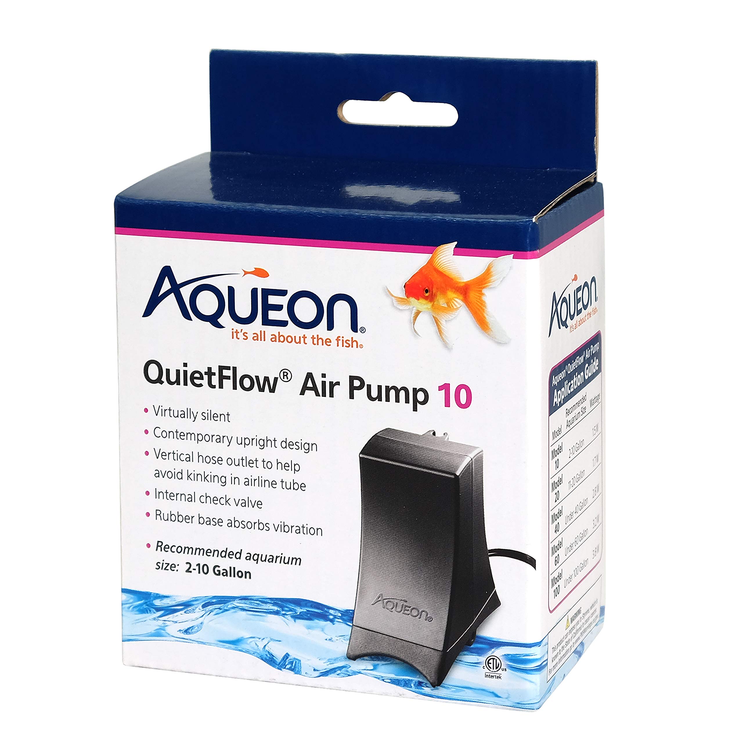 Aqueon QuietFlow Air Pump - Ultra Quiet Aquarium Air Pump for Fish Tank, 10 Gallon - Perfect for Home Aquariums, Fish Breeding, and Hydroponics Systems