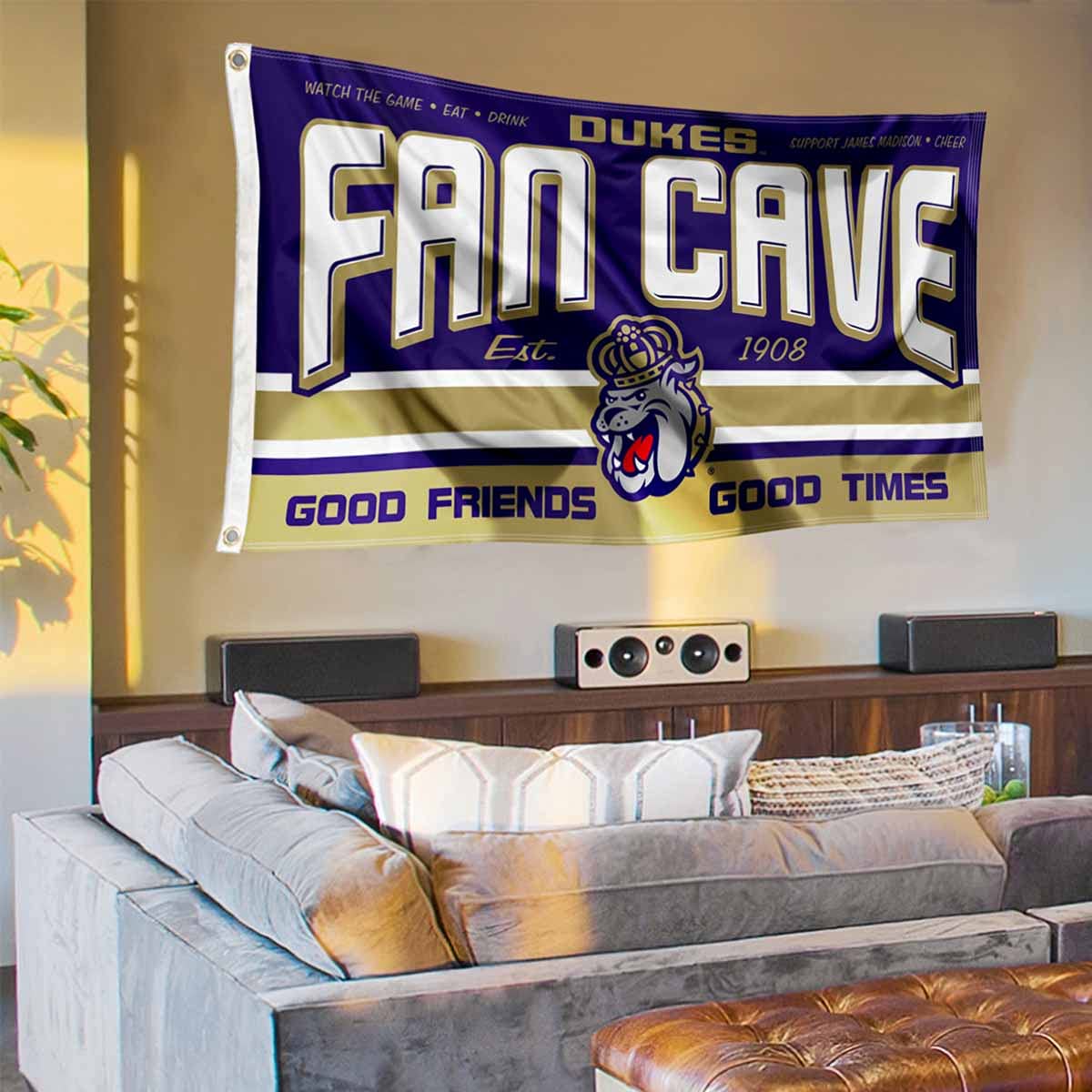 James Madison Dukes Fan Man Cave Banner Flag - College Sports Decor for Game Room, Tailgate Party & Home Office - Durable Polyester with Grommets for Indoor/Outdoor Use