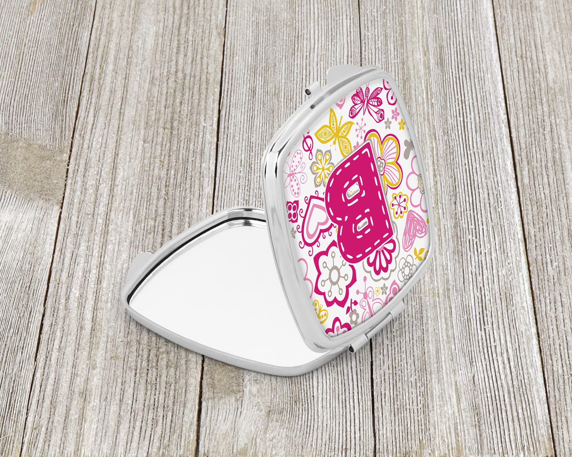 Caroline's Treasures CJ2005-BSCM Floral Butterfly Letter B Compact Mirror - Pink Folding Travel Makeup Mirror for Women & Girls | Perfect Gift, Pocket-Sized Handheld Mirror for Purse, Travel, Home Vanity & Touch-Ups