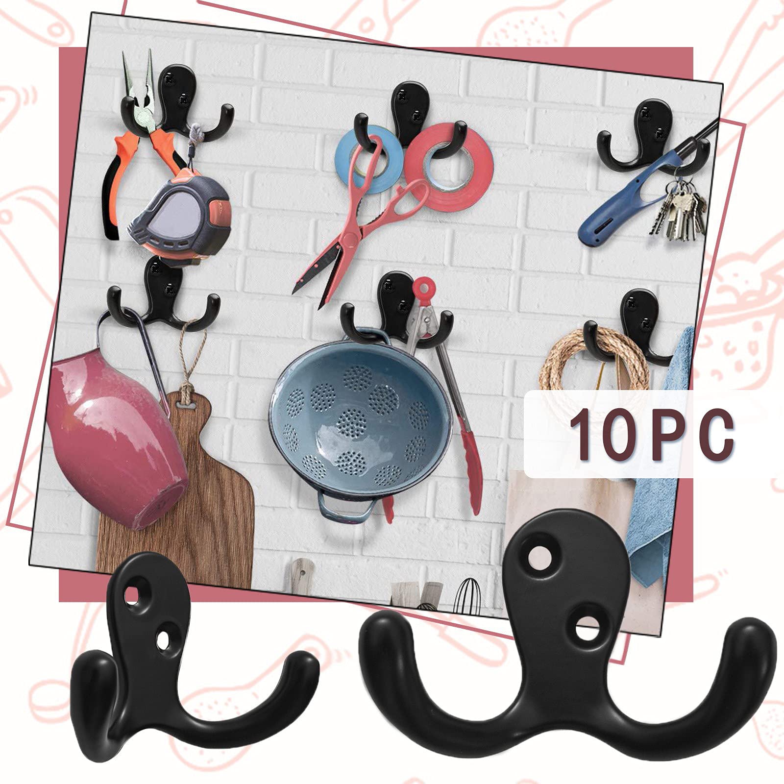 10-Pack Heavy Duty Double Prong Utility Hooks - Wall Mount Coat Hooks for Home Organization, Housekeeping & Storage (Black) - Perfect for Entryway, Closet, Garage & Office Organization
