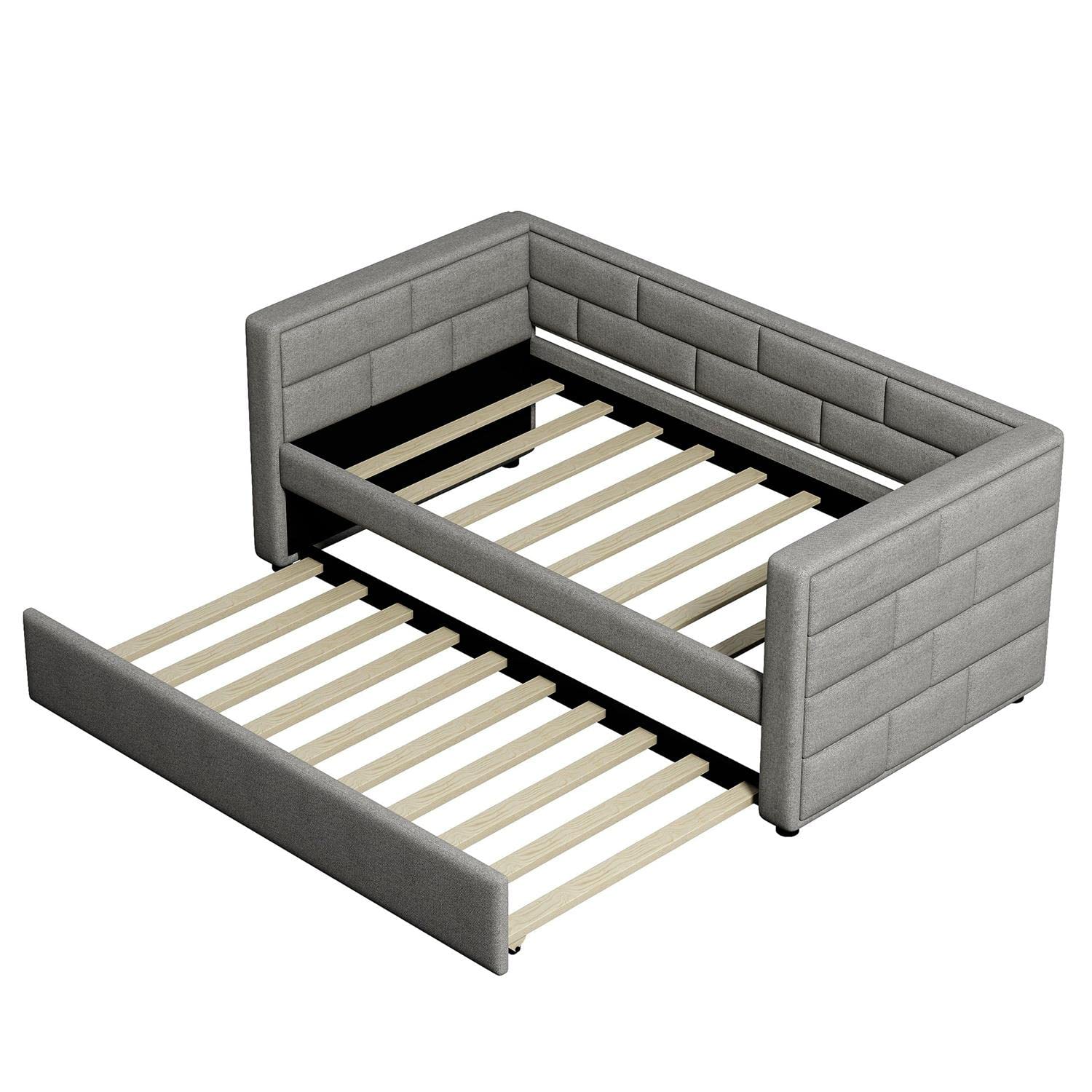 JINS&VICO Twin Size Upholstered Daybed with Trundle - Gray Padded Back Sofa Bed for Small Spaces, Guest Room & Dormitory Use