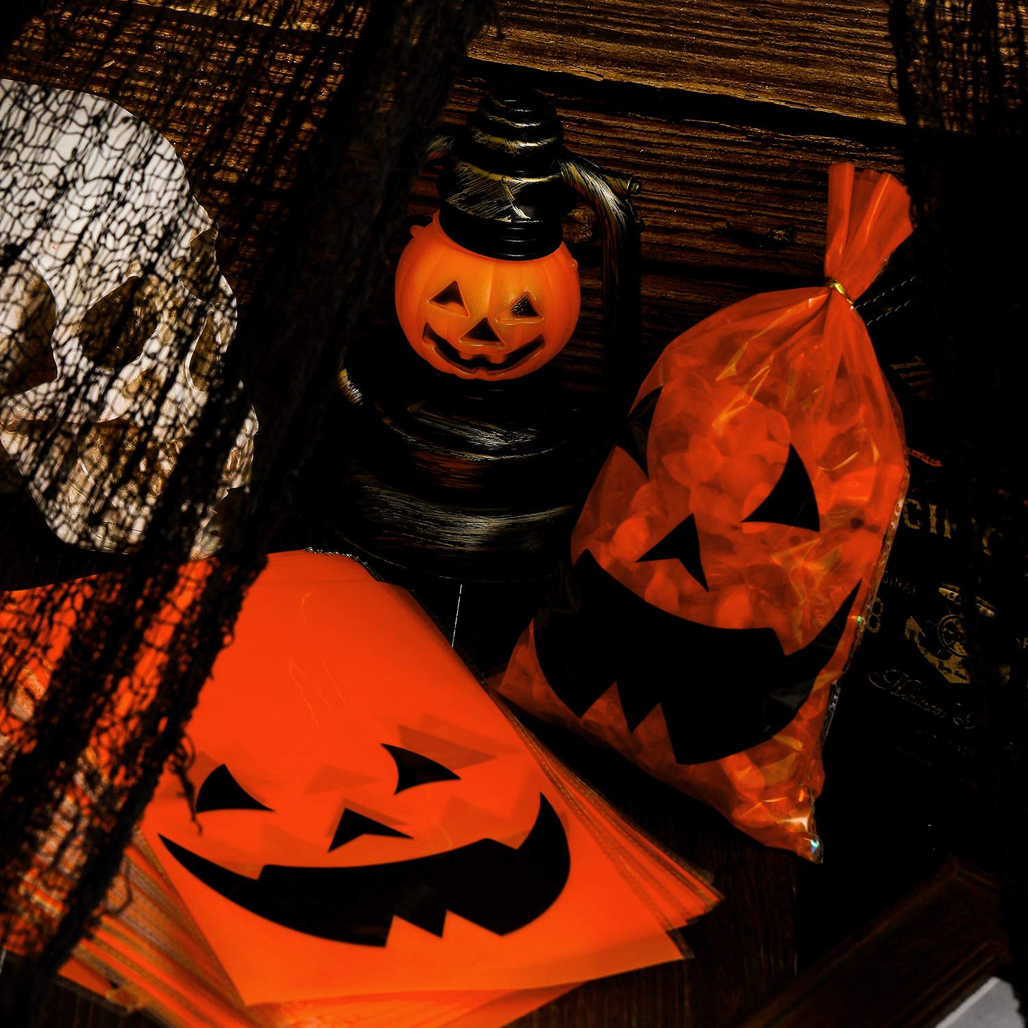 150-Piece Halloween Trick or Treat Plastic Candy Bags - Jack-O-Lantern Pumpkin Design Goody Tote Bags with Handles for Party Favors (Orange & Black) - Perfect for Halloween Parties, School Events & Neighborhood Candy Distribution
