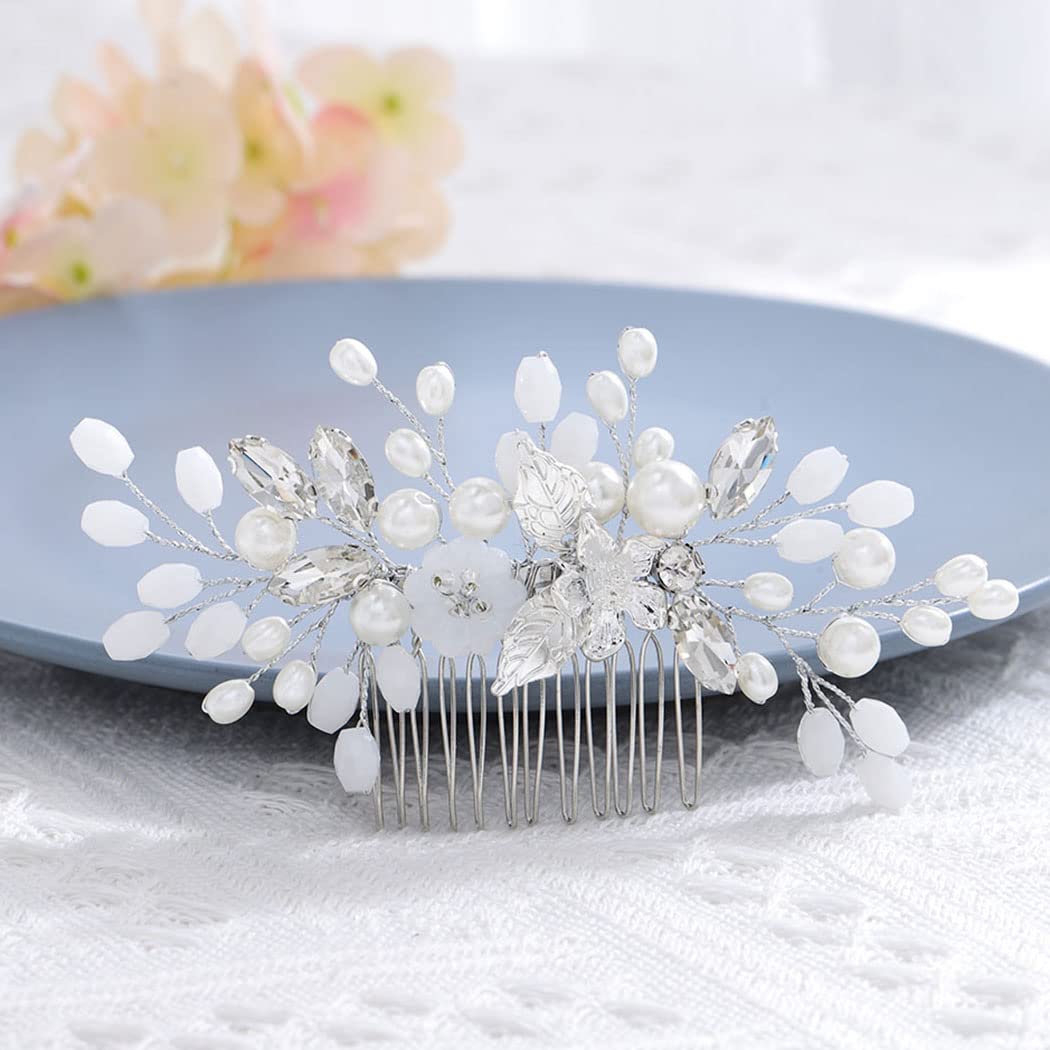 Silver Pearl Bridal Hair Comb - Crystal Flower Hair Accessories for Weddings & Parties